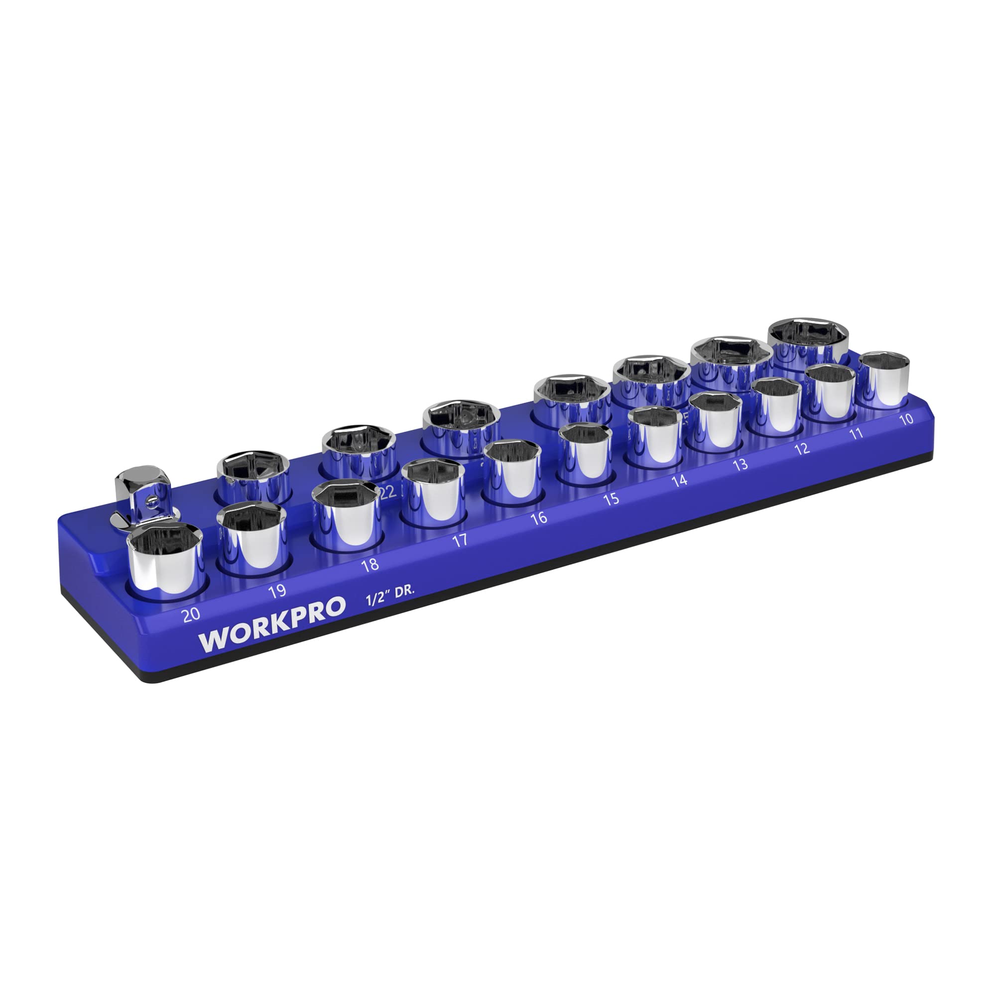 WORKPRO front view of the magnetic socket organizer showing neat socket storage and quick access