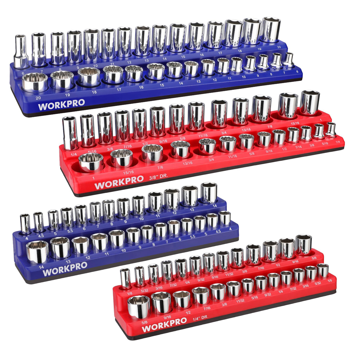 WORKPRO front view of four magnetic socket rails showing color coding and capacity
