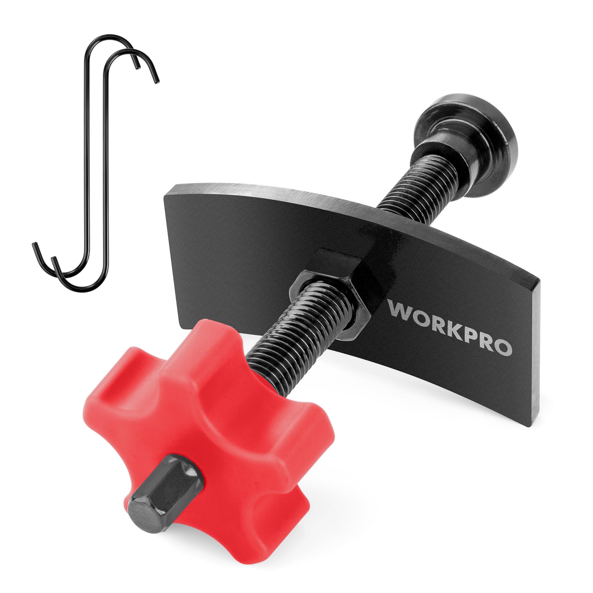WORKPRO front view of brake caliper compression tool showing included hangers and layout for quick setup