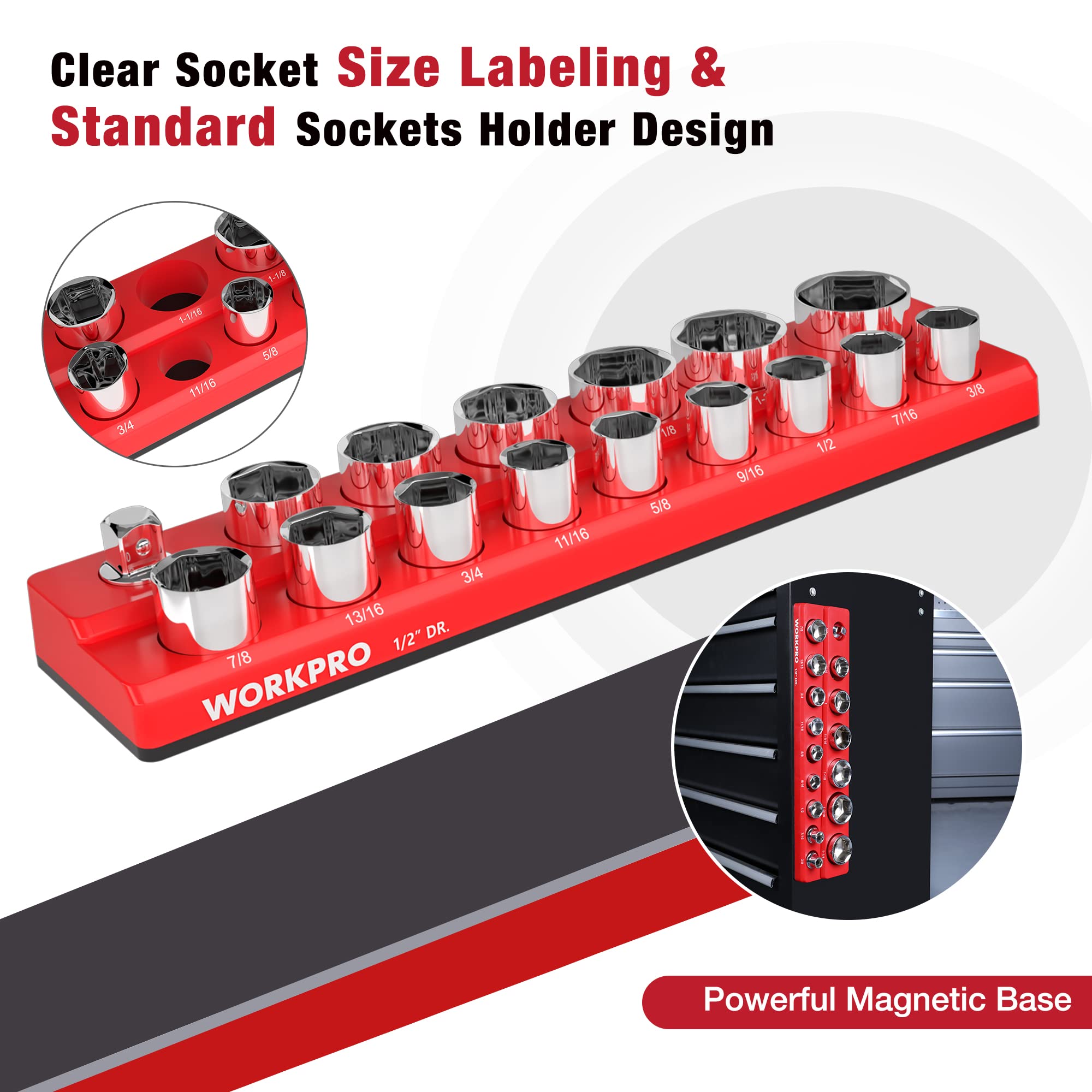 WORKPRO organizer inside drawer keeping SAE sockets tidy and accessible
