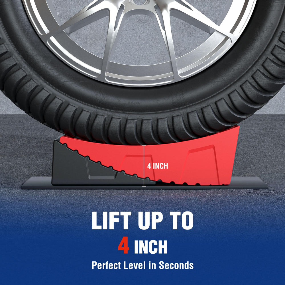 WORKPRO drive-on setup under camper wheel showing ease of use and quick stabilization benefit