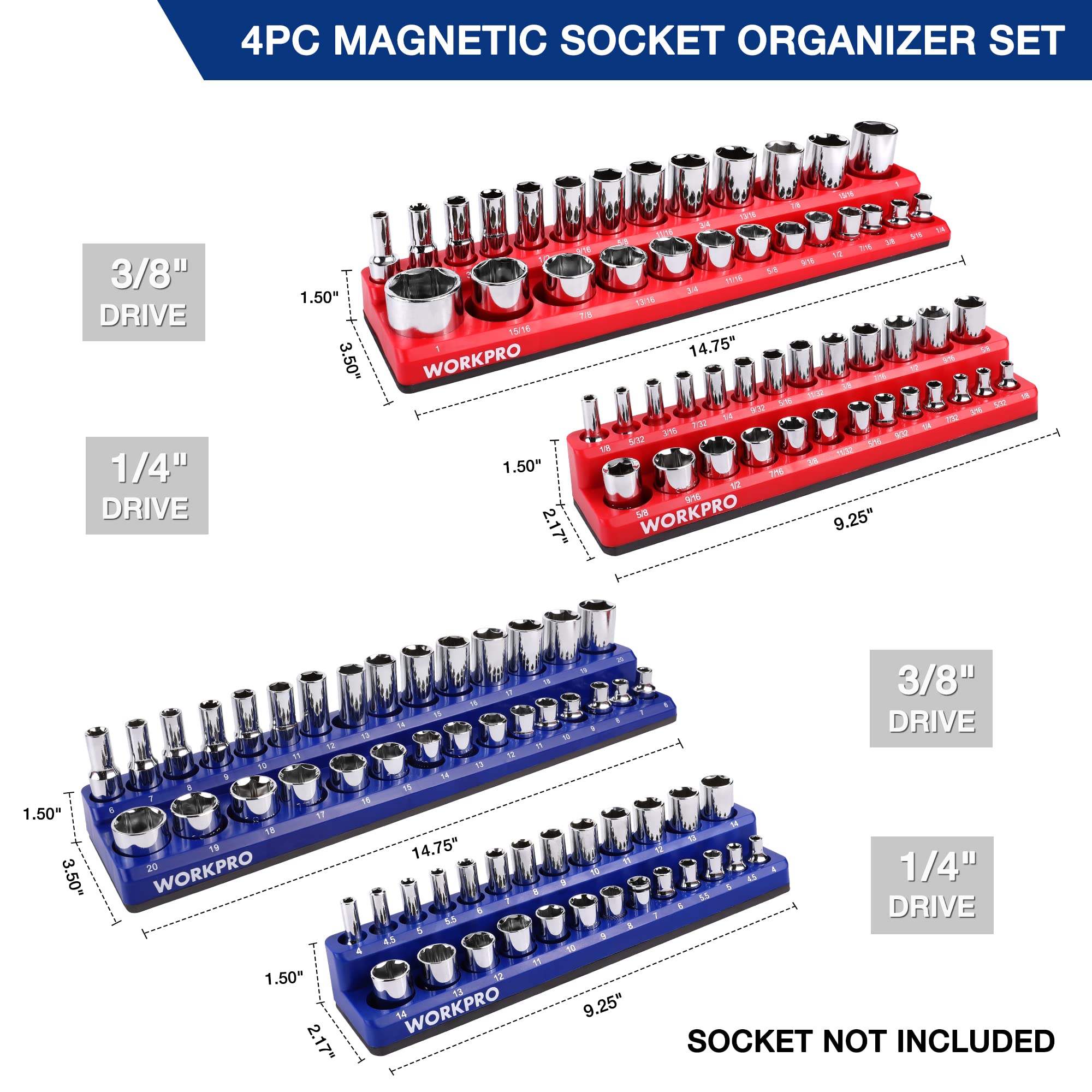 WORKPRO detail of clear labeled size markings for fast socket selection
