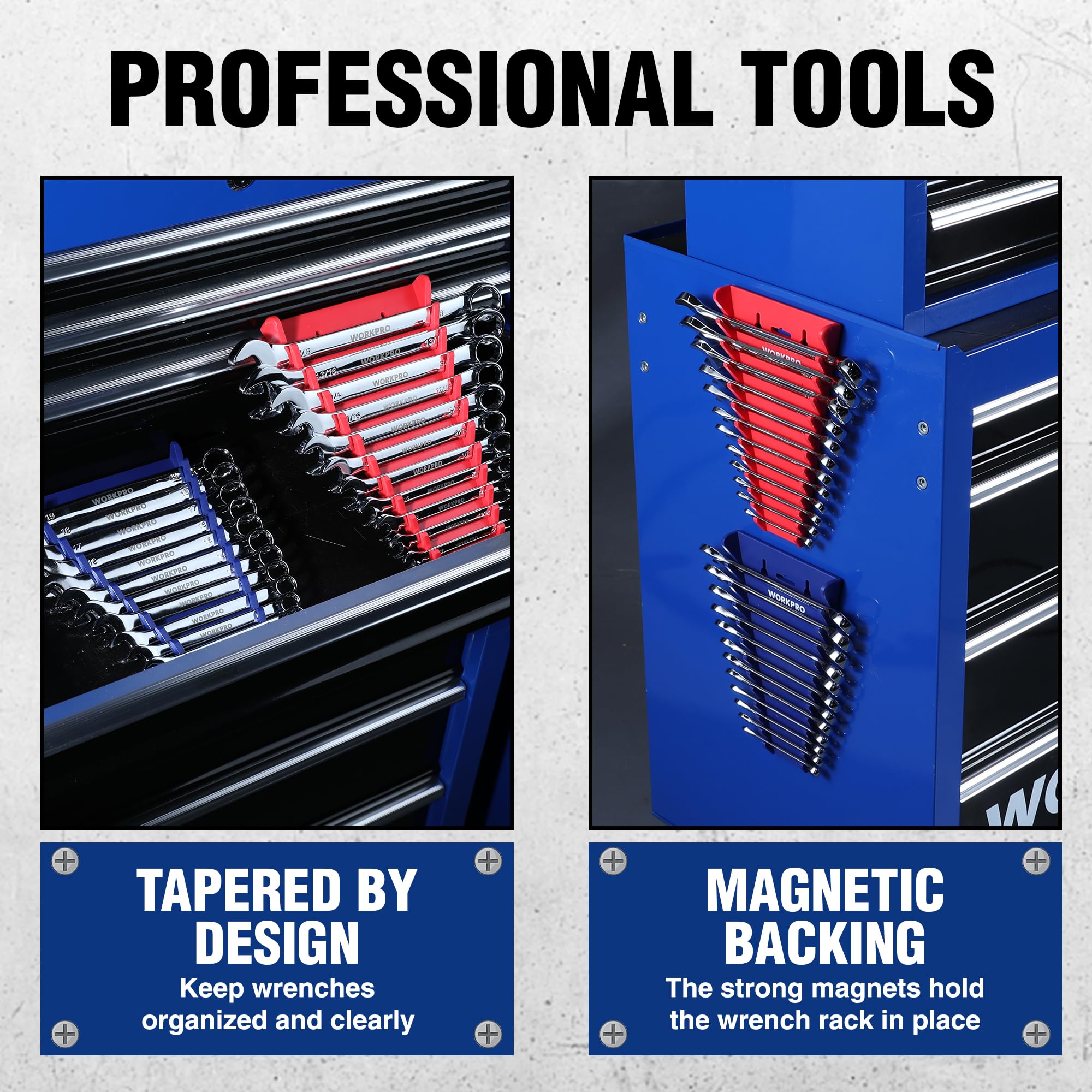 WORKPRO organizers on a garage workbench speeding up projects