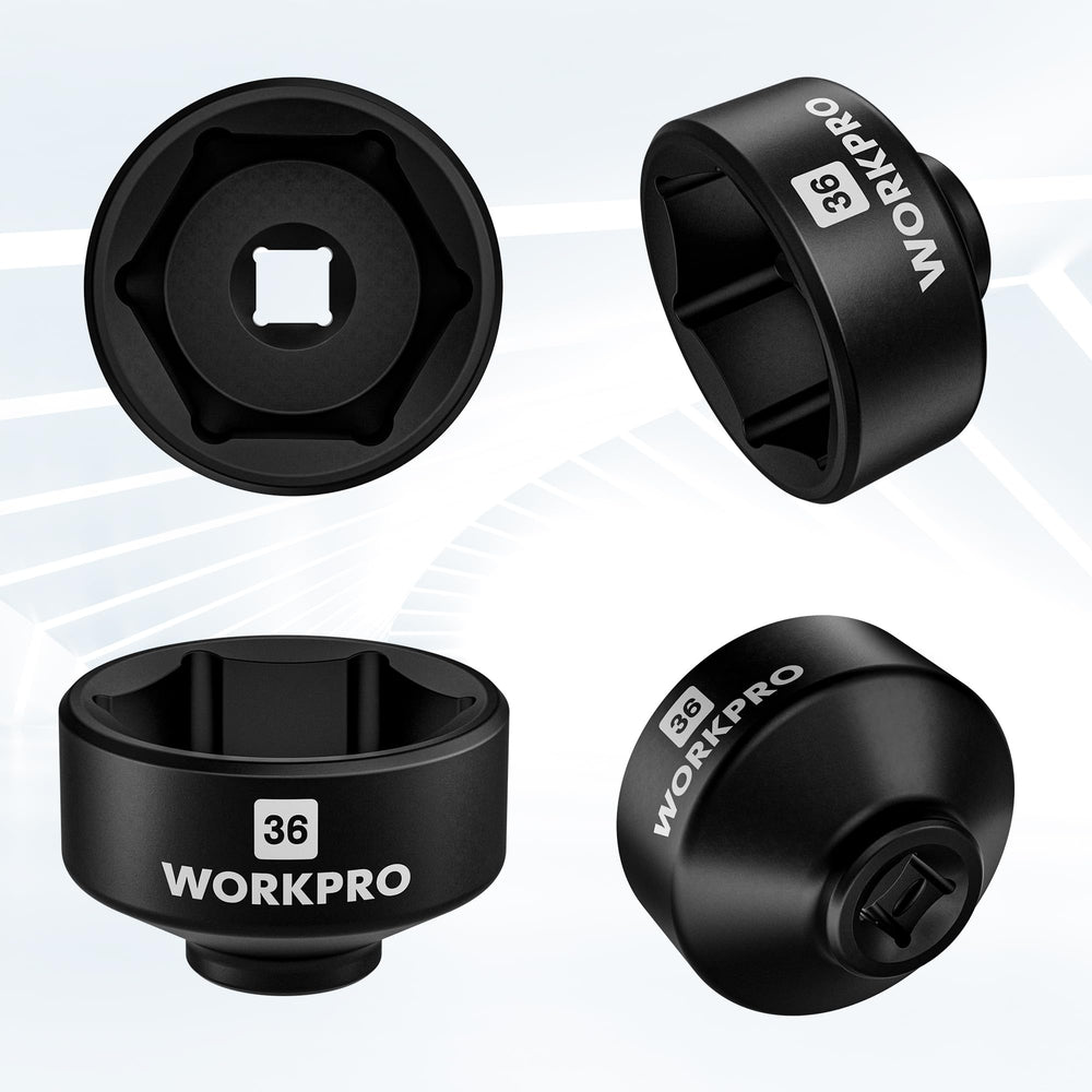 WORKPRO mechanic using socket at bench illustrating fast, ergonomic filter changes