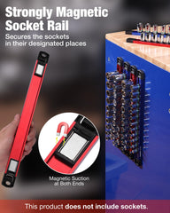 WORKPRO magnetic rail attached to toolbox side, secures sockets during transport