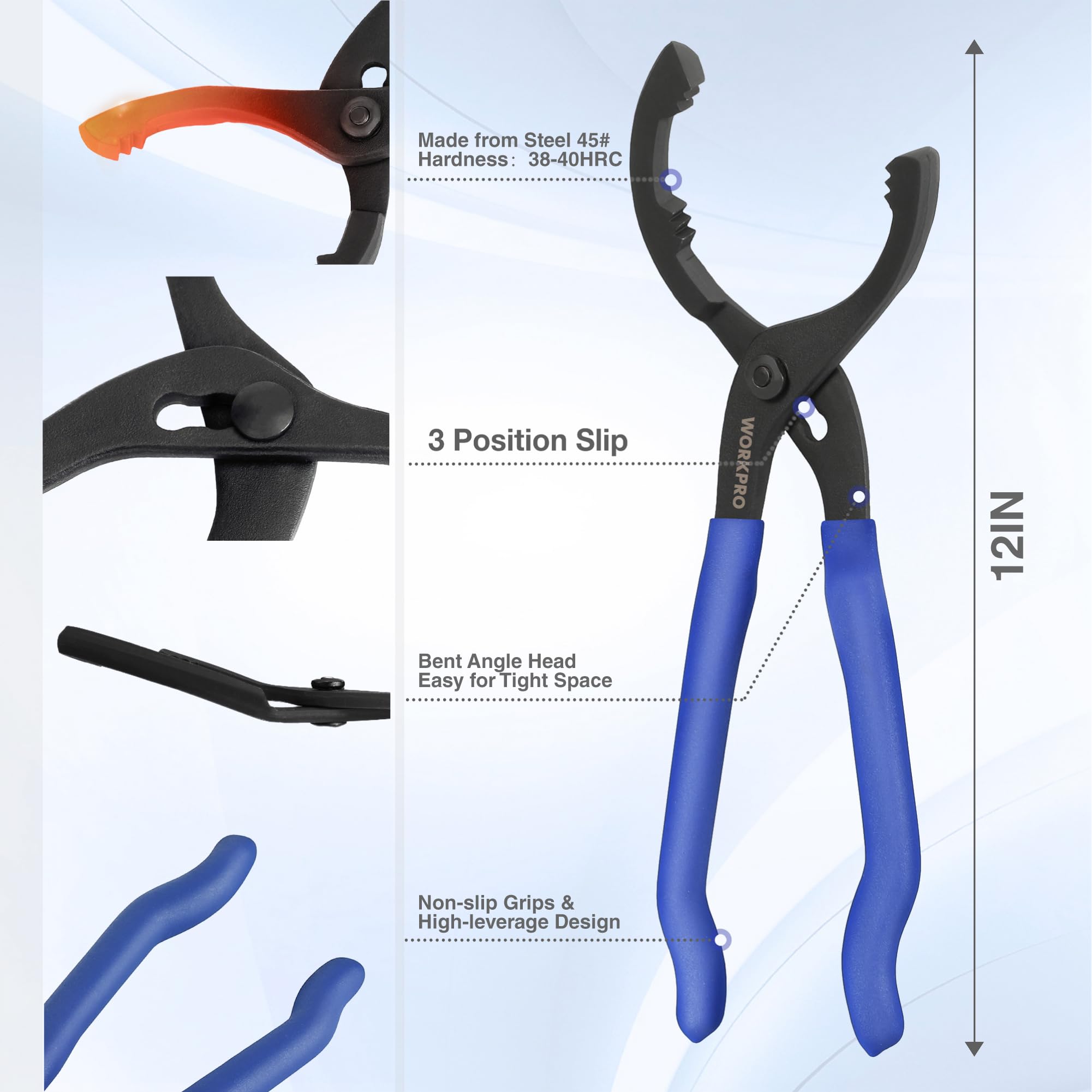 WORKPRO pliers angled head detail providing extra reach in tight spaces