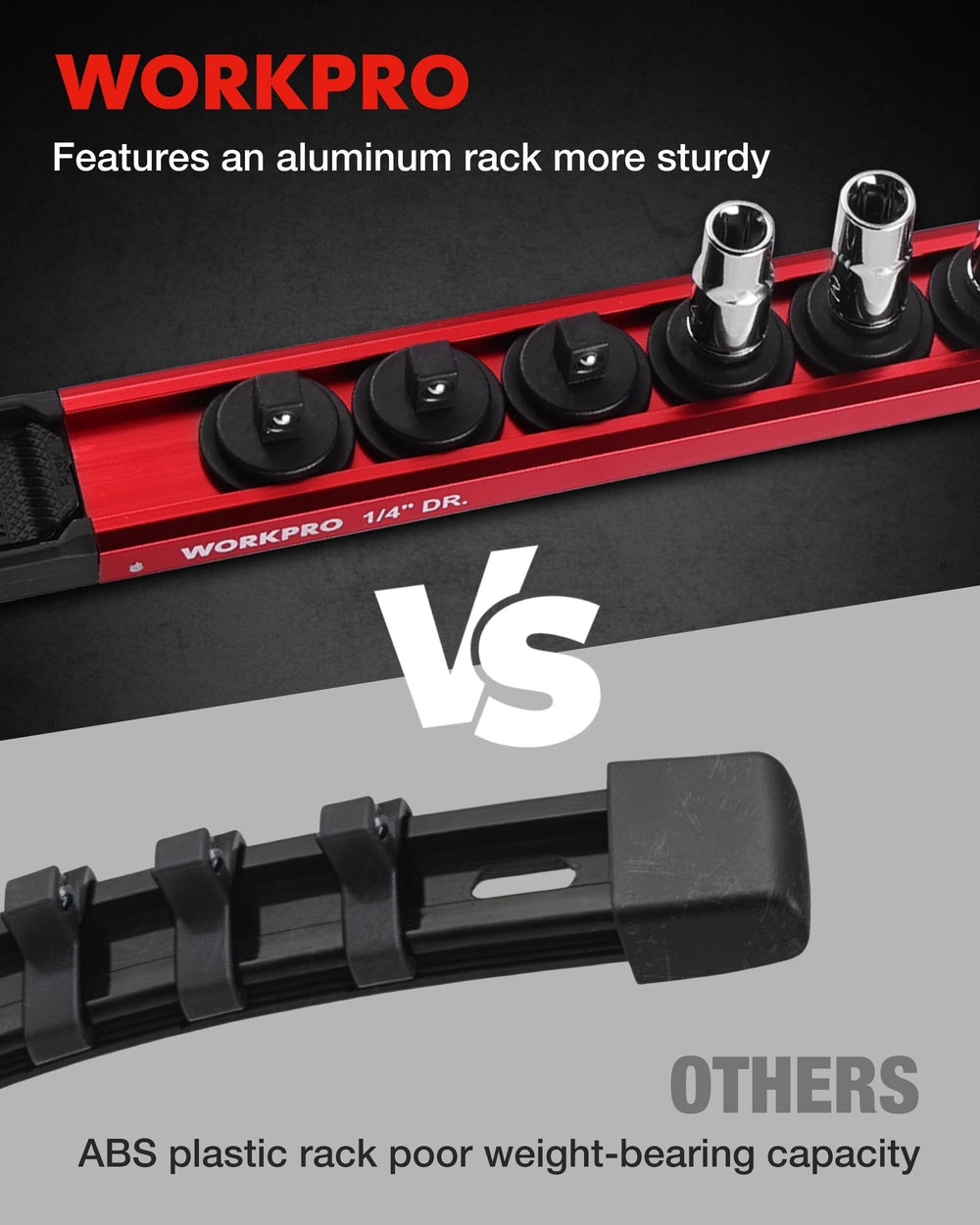 WORKPRO rail mounted on pegboard in workshop, keeps sockets visible and accessible