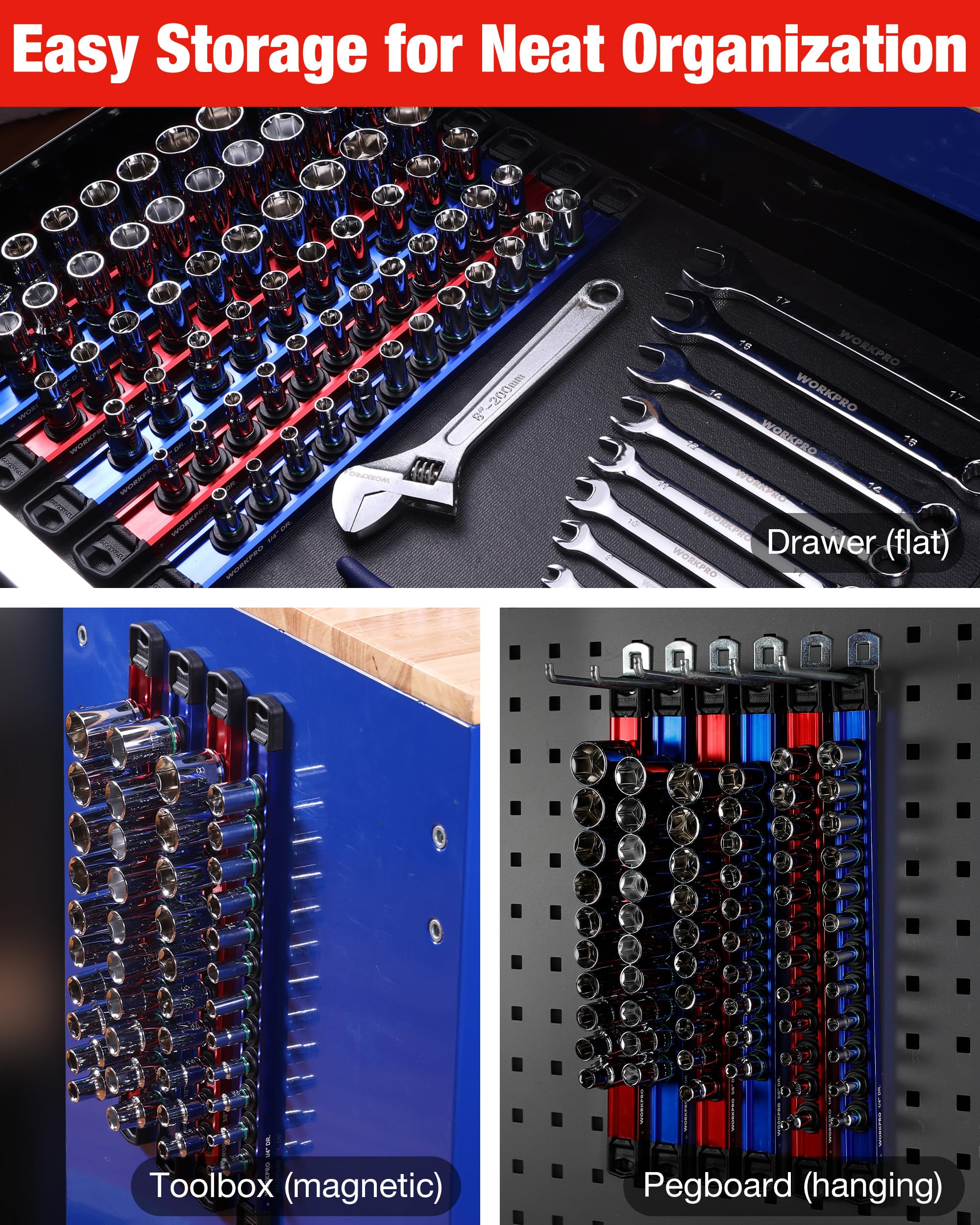WORKPRO rails grouped to show 1/4", 3/8", 1/2" capacities for scale clarity