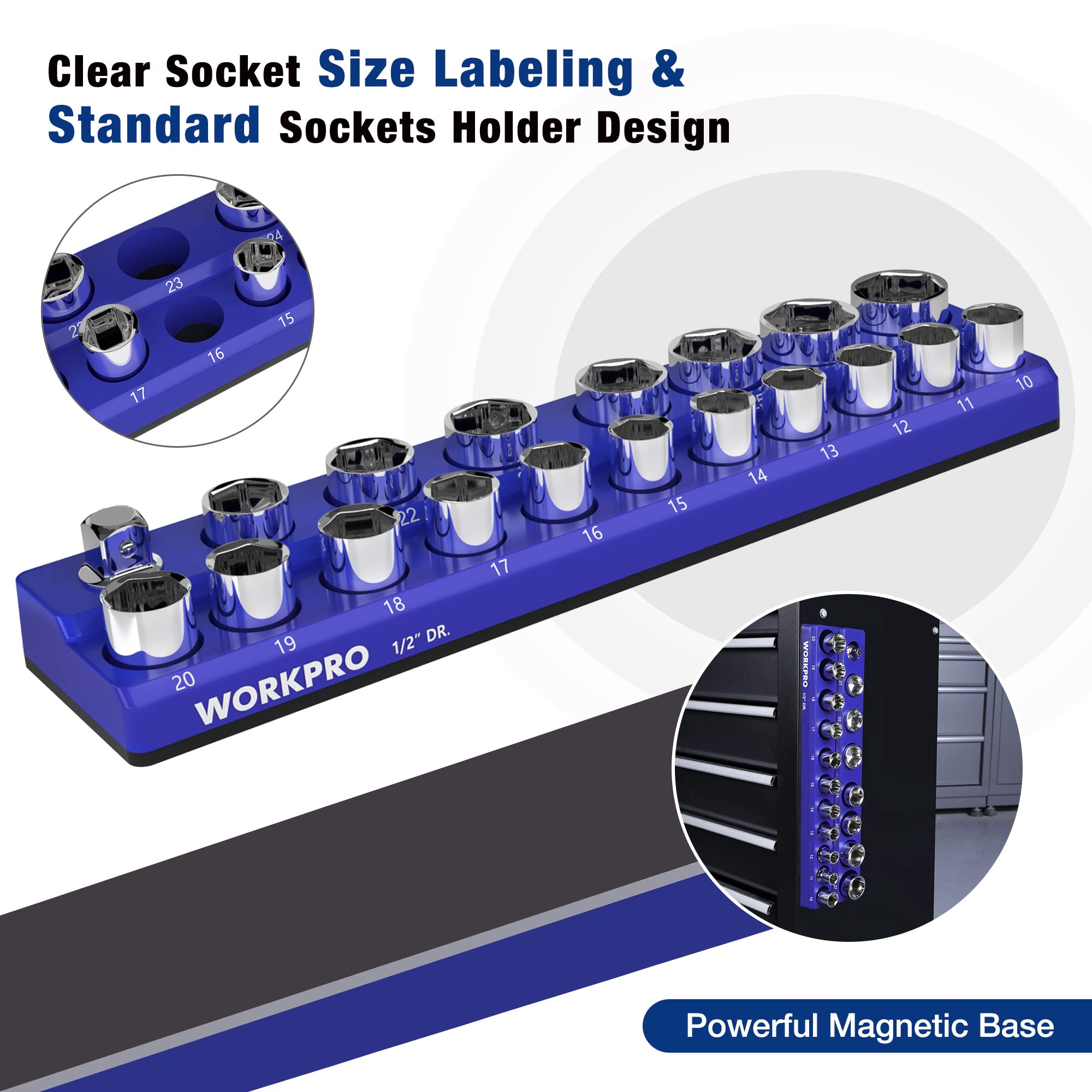 WORKPRO size labels and printed markings for clear socket identification and faster work