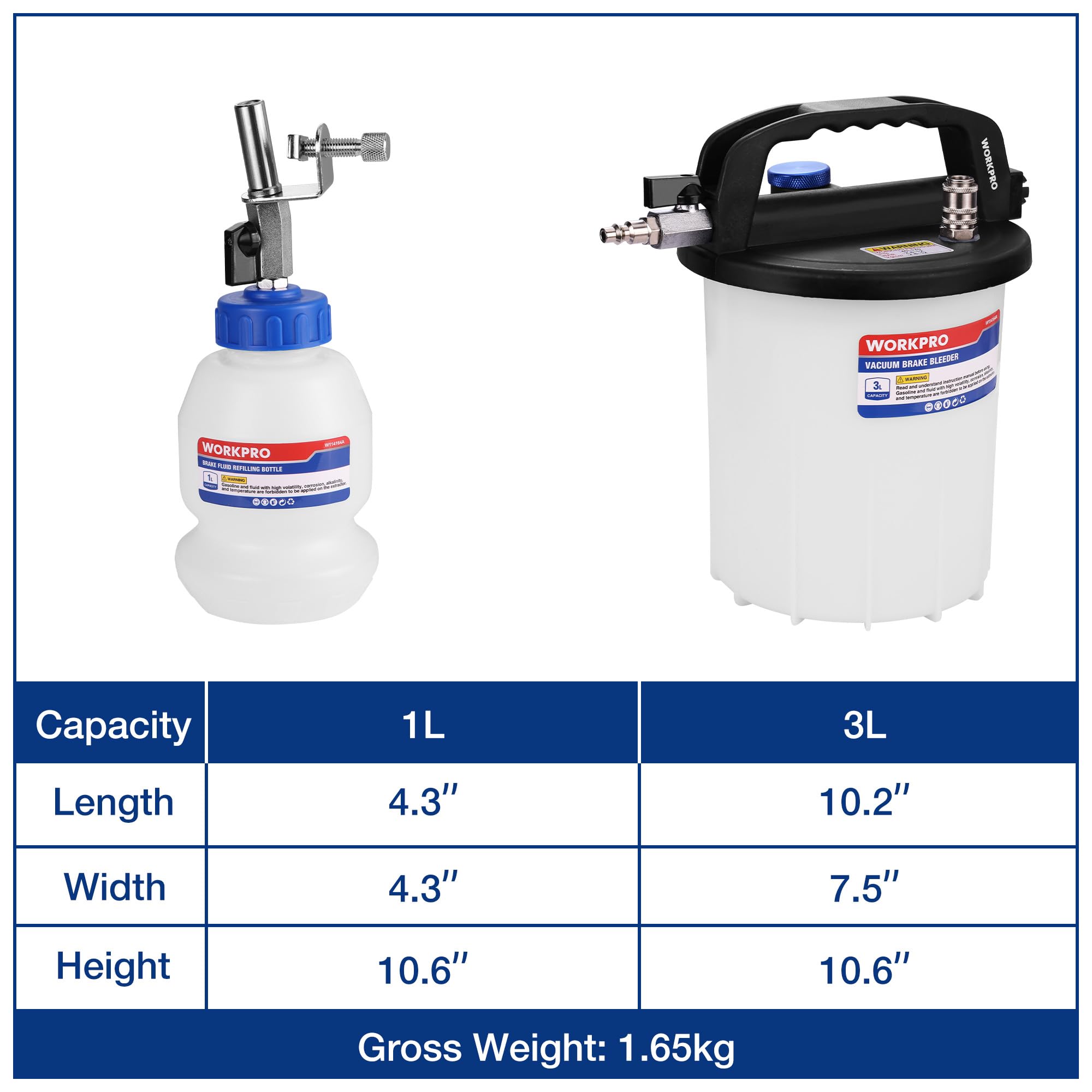 WORKPRO bleeder held by hand to show 3L reservoir size and ergonomic handle for portability