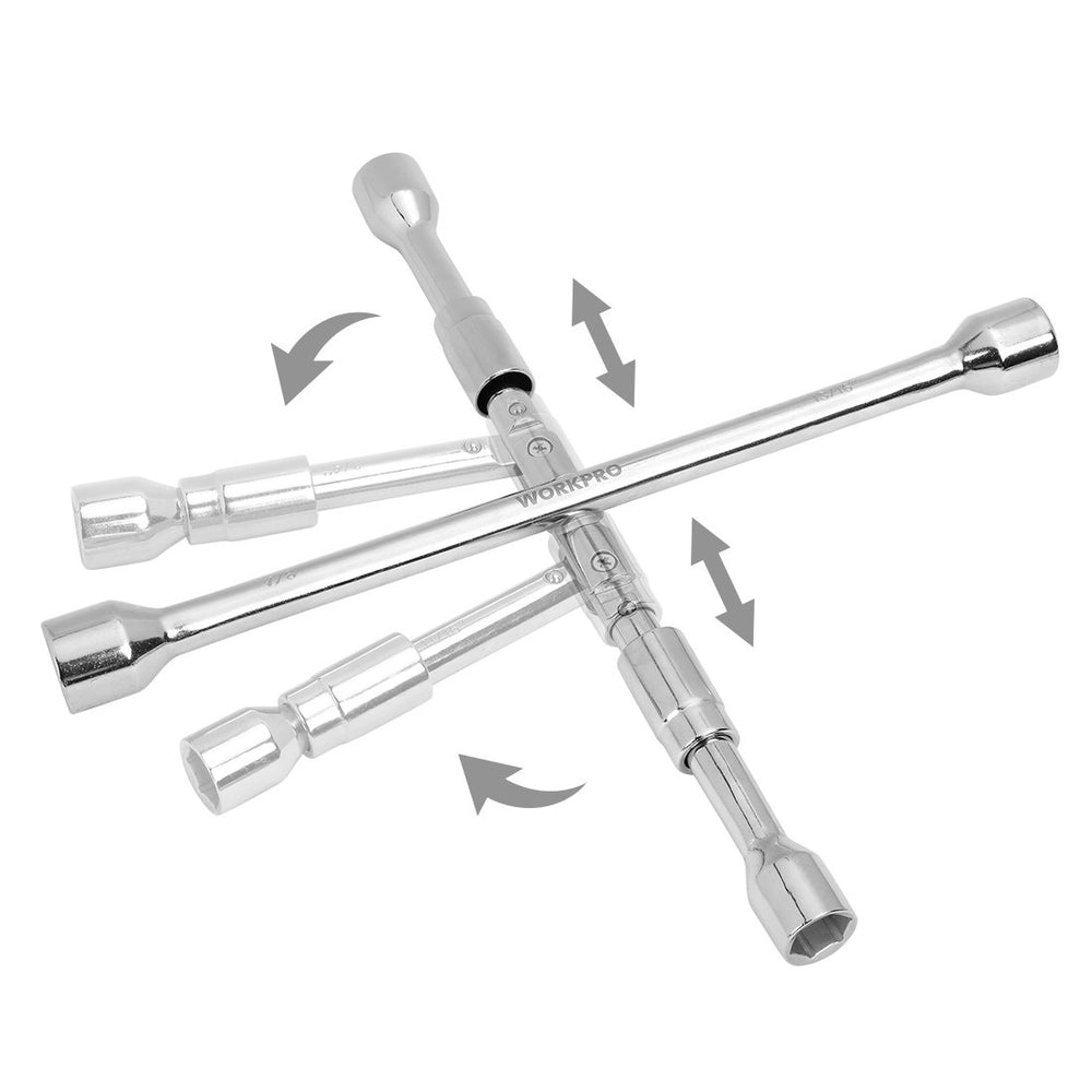 WORKPRO socket ends closeup with four sizes for universal lug nut fit