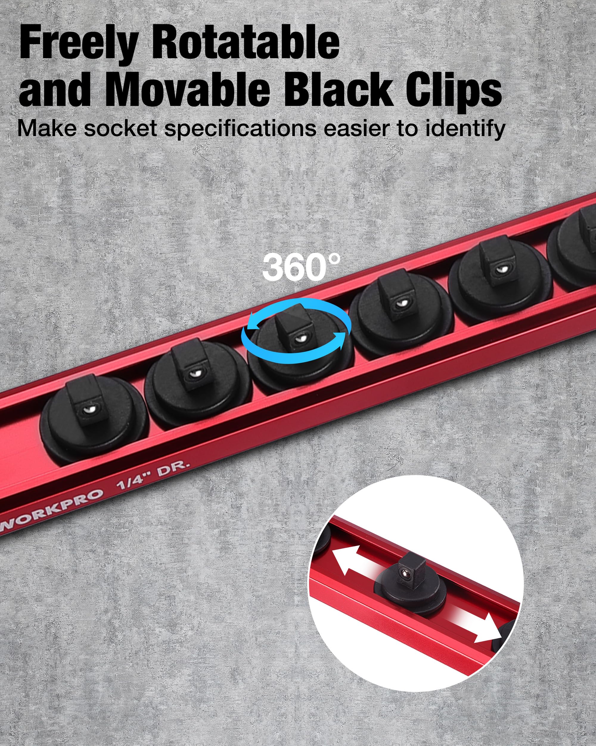 WORKPRO clip rotated to show laser-etched socket marking, improves fast identification