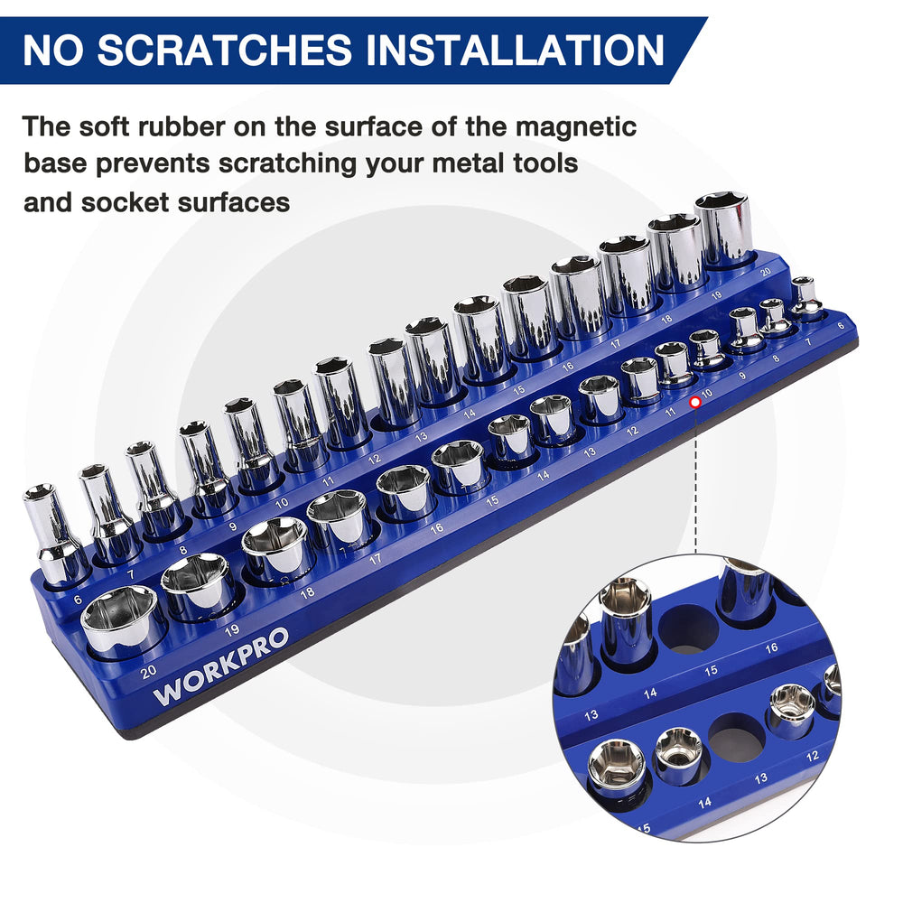 WORKPRO socket rails organizing sockets neatly inside a toolbox drawer for efficiency
