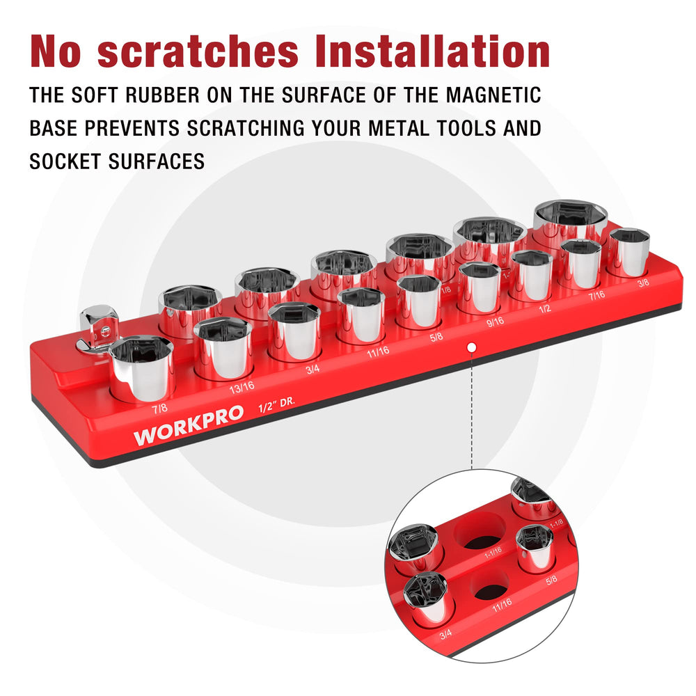 WORKPRO organizer mounted to steel toolbox side holding sockets securely in place