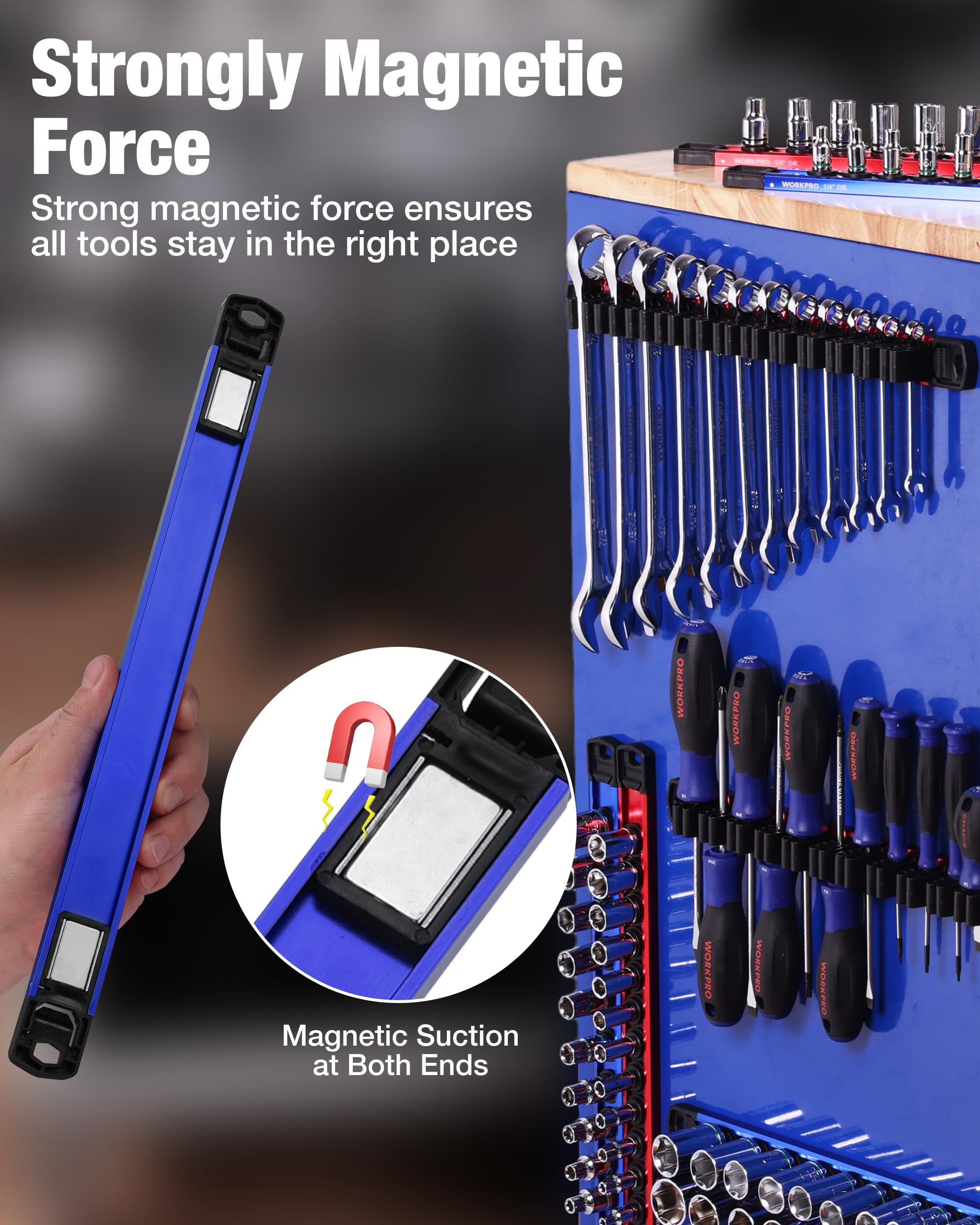 WORKPRO sockets mounted on rail enabling quick selection and workflow benefit