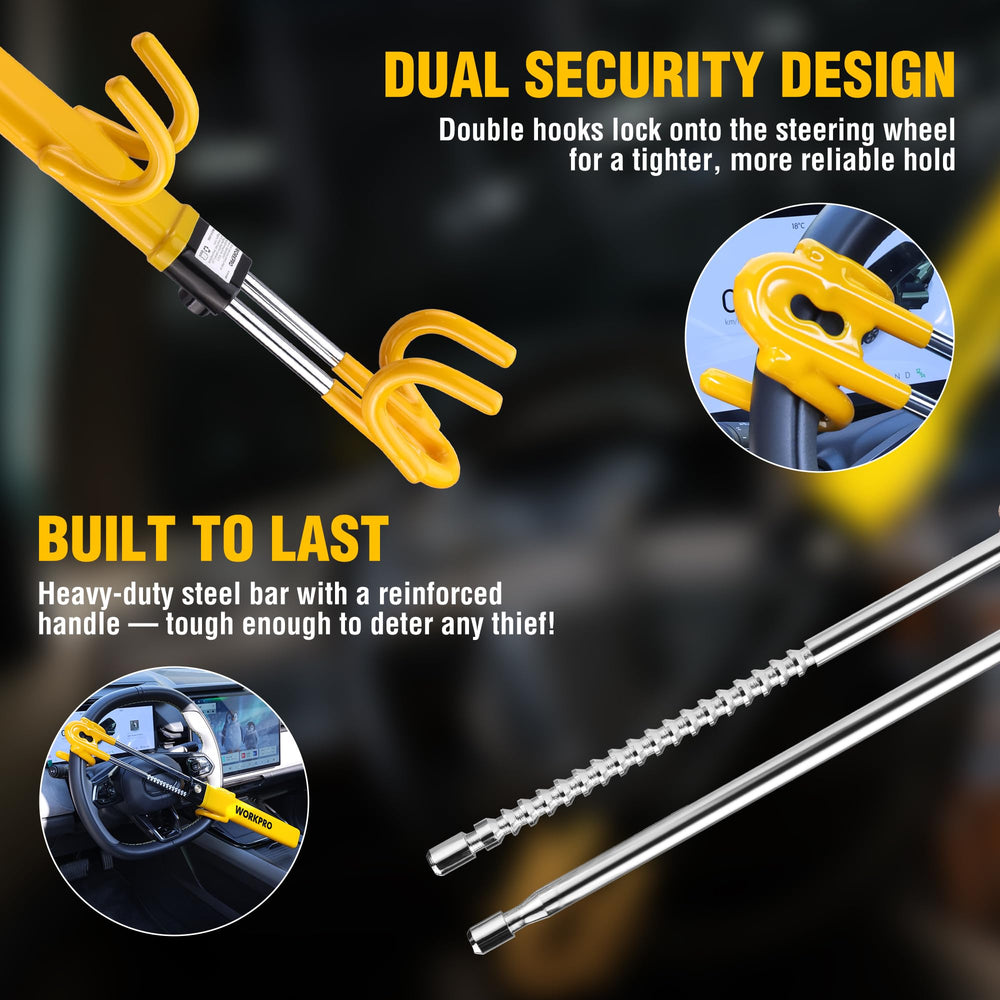 WORKPRO lock installed on steering wheel preventing rotation and theft
