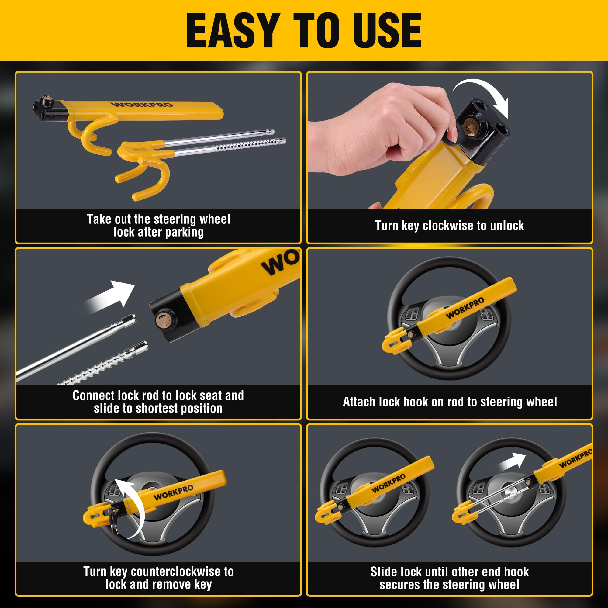 WORKPRO lock next to hand showing adjustable length and ease of handling