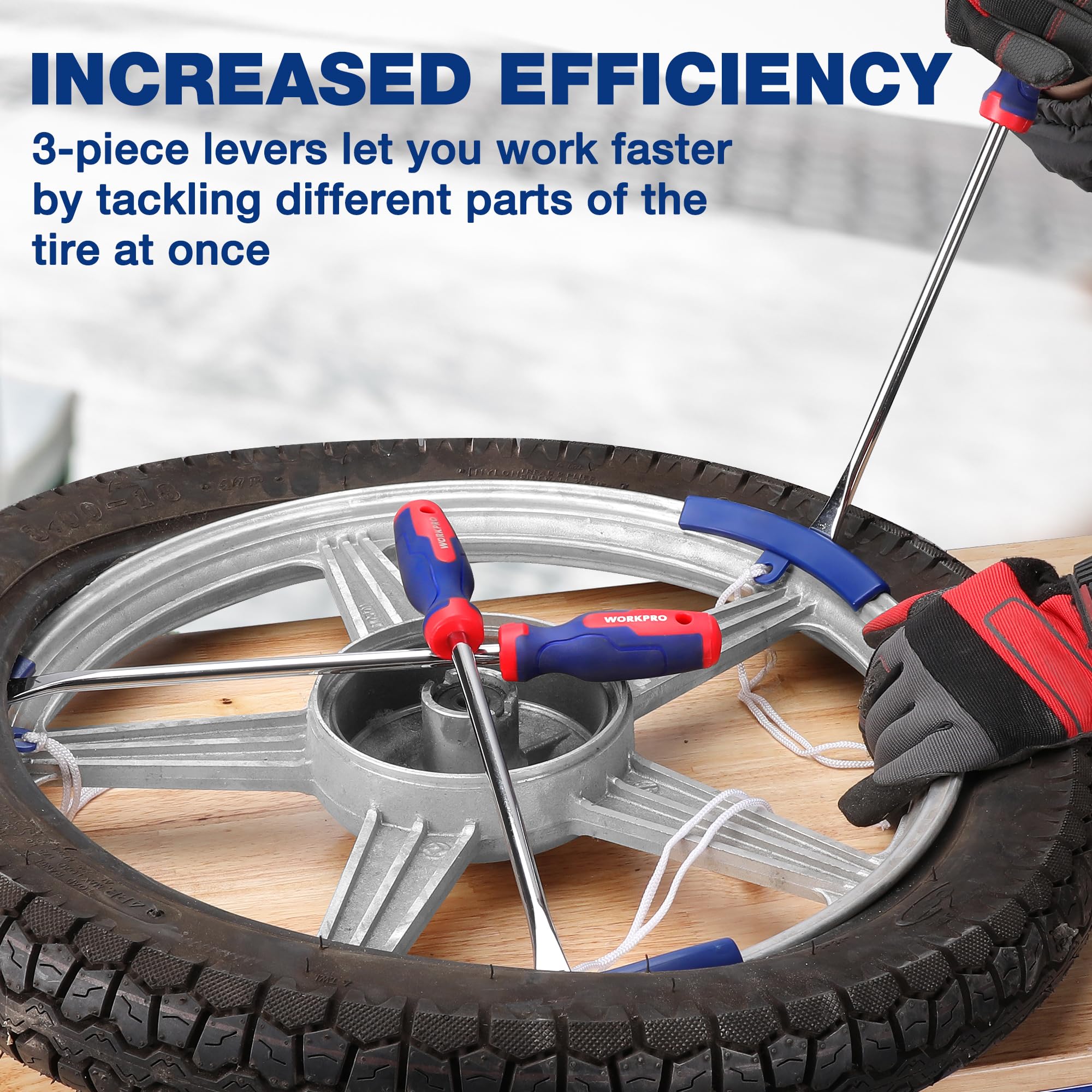 WORKPRO tire spoon tip close-up showing polished end to protect tires during prying