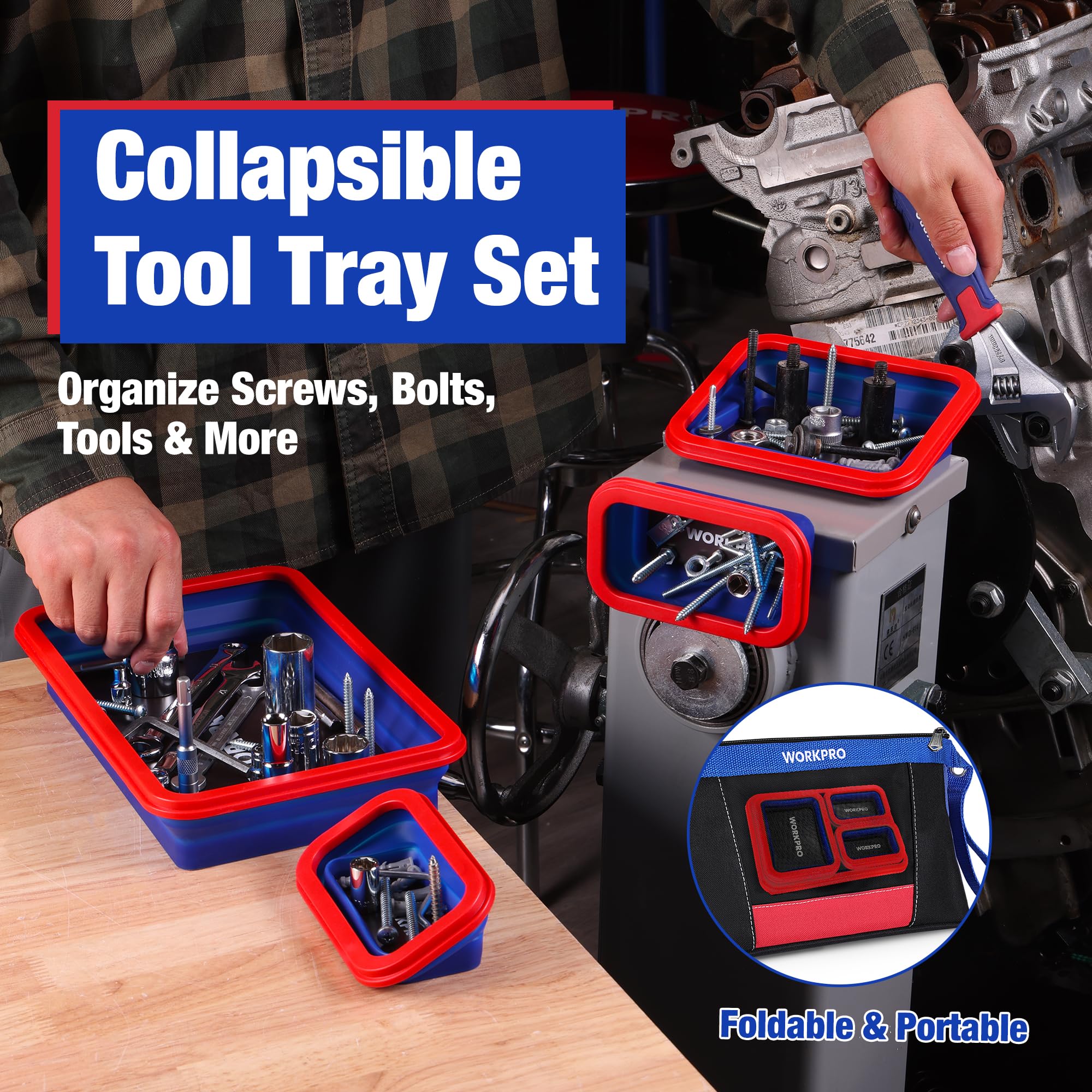 WORKPRO trays stuck to metal shelf on angled surface for stability