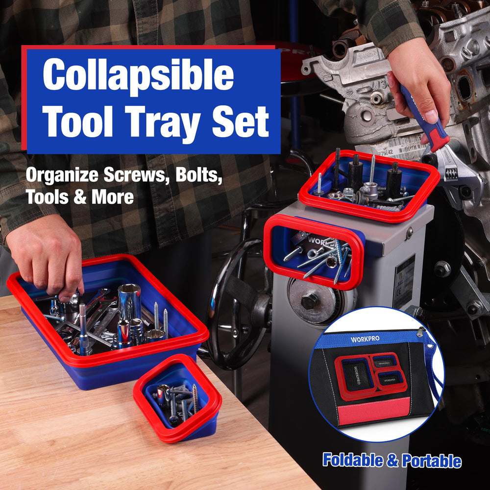 WORKPRO trays stuck to metal shelf on angled surface for stability
