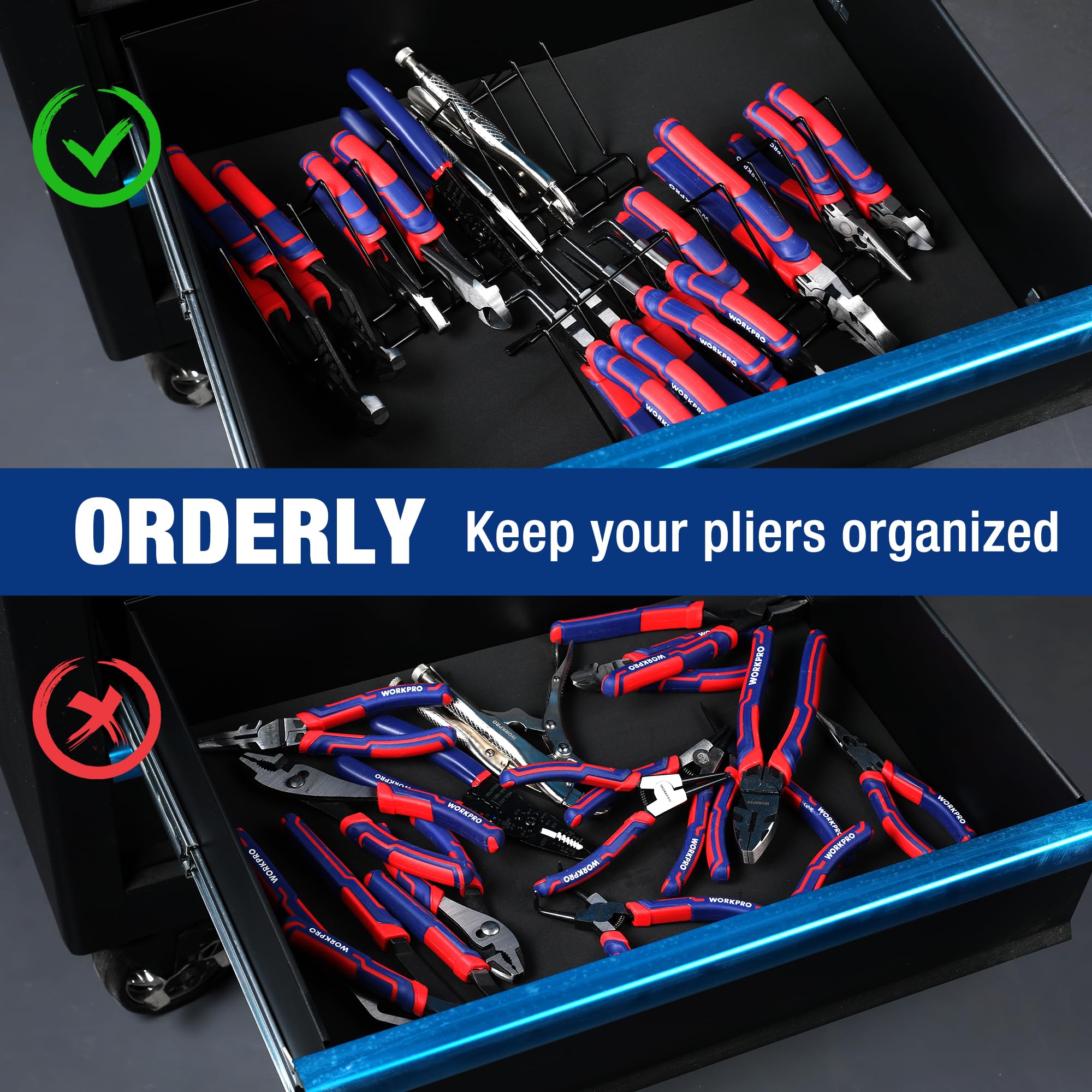 WORKPRO organizer beside ruler showing slot width and sizing benefit