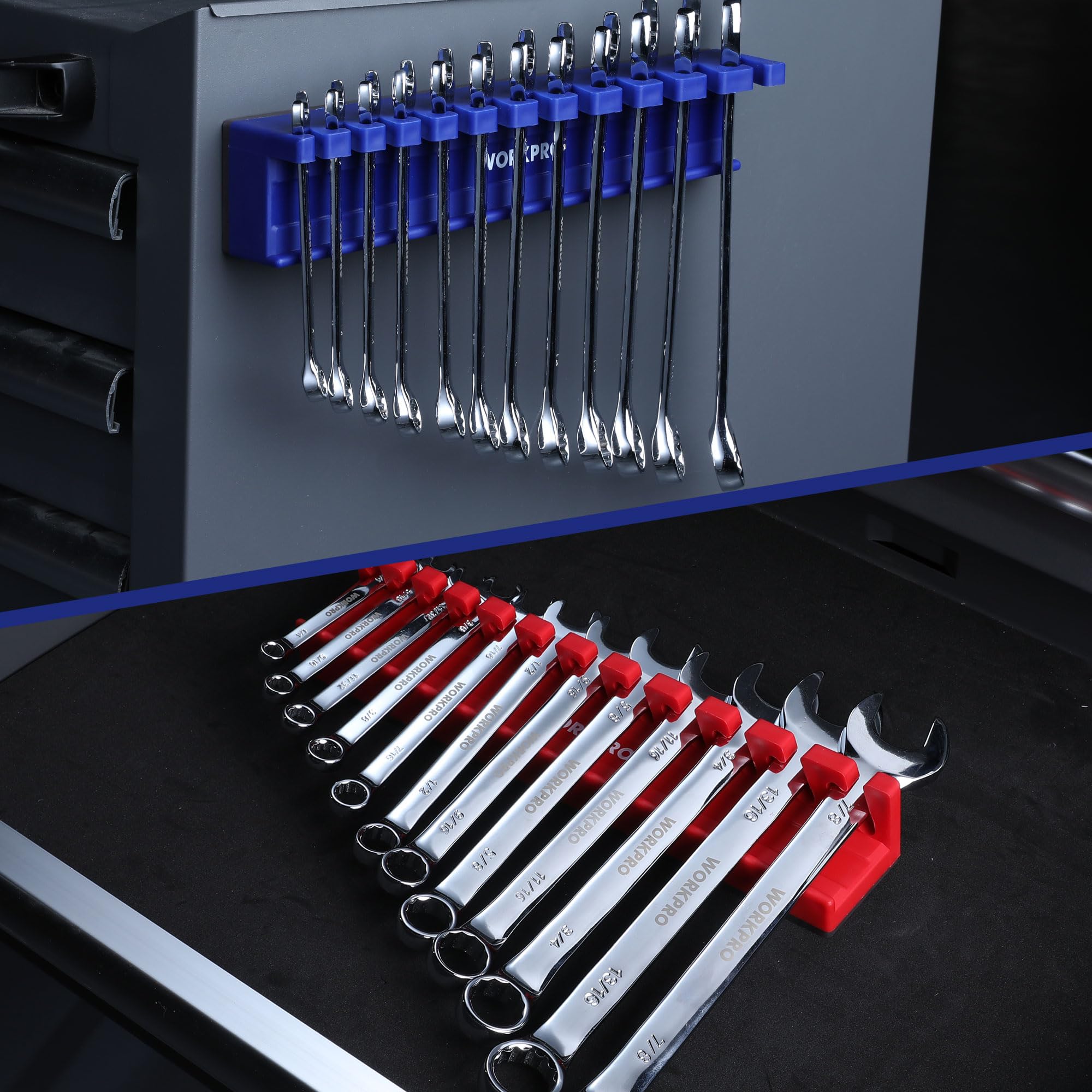 WORKPRO wrench held in slot showing secure retention and simple retrieval