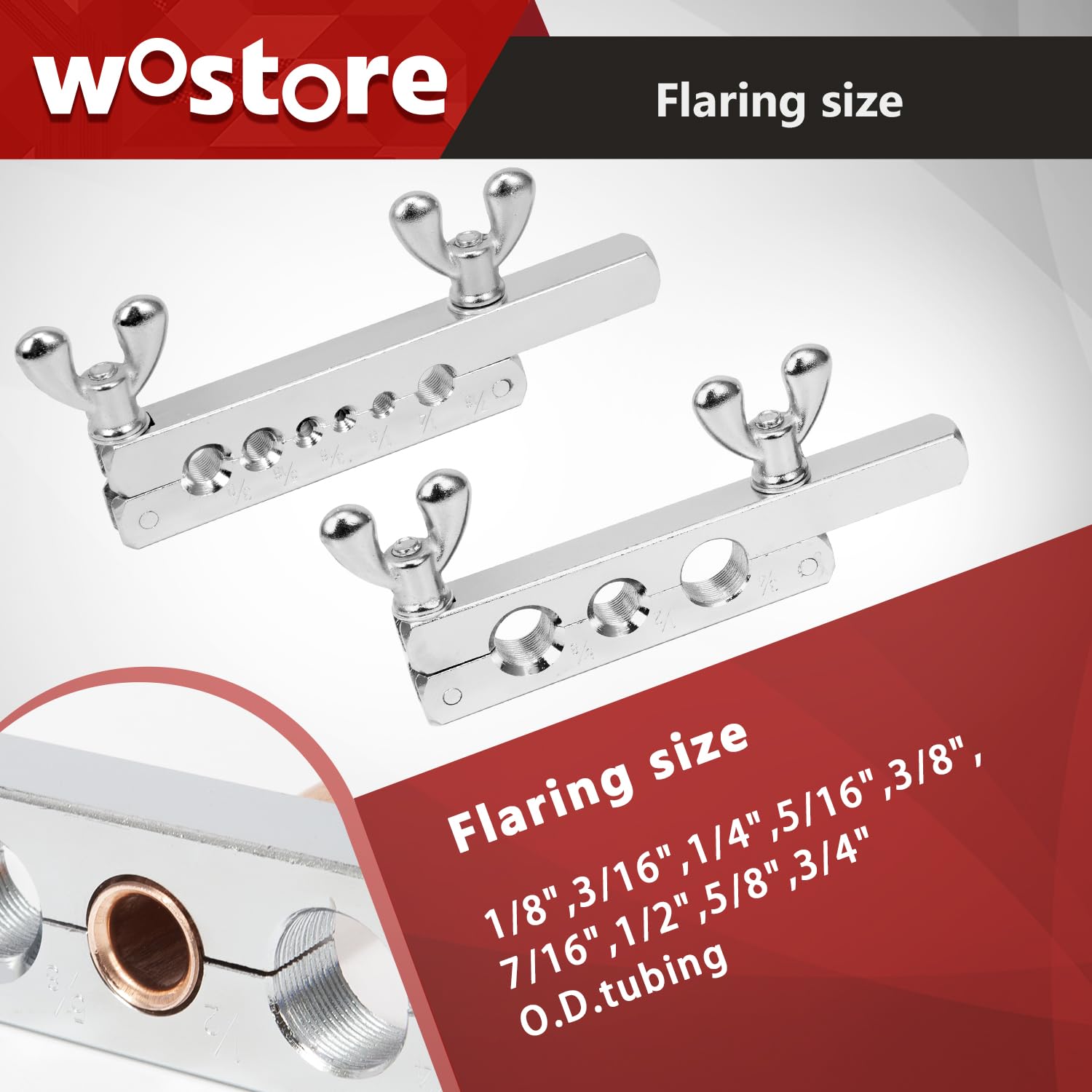 Wostore size comparison with tubes showing 1/8" to 3/4" range and fit