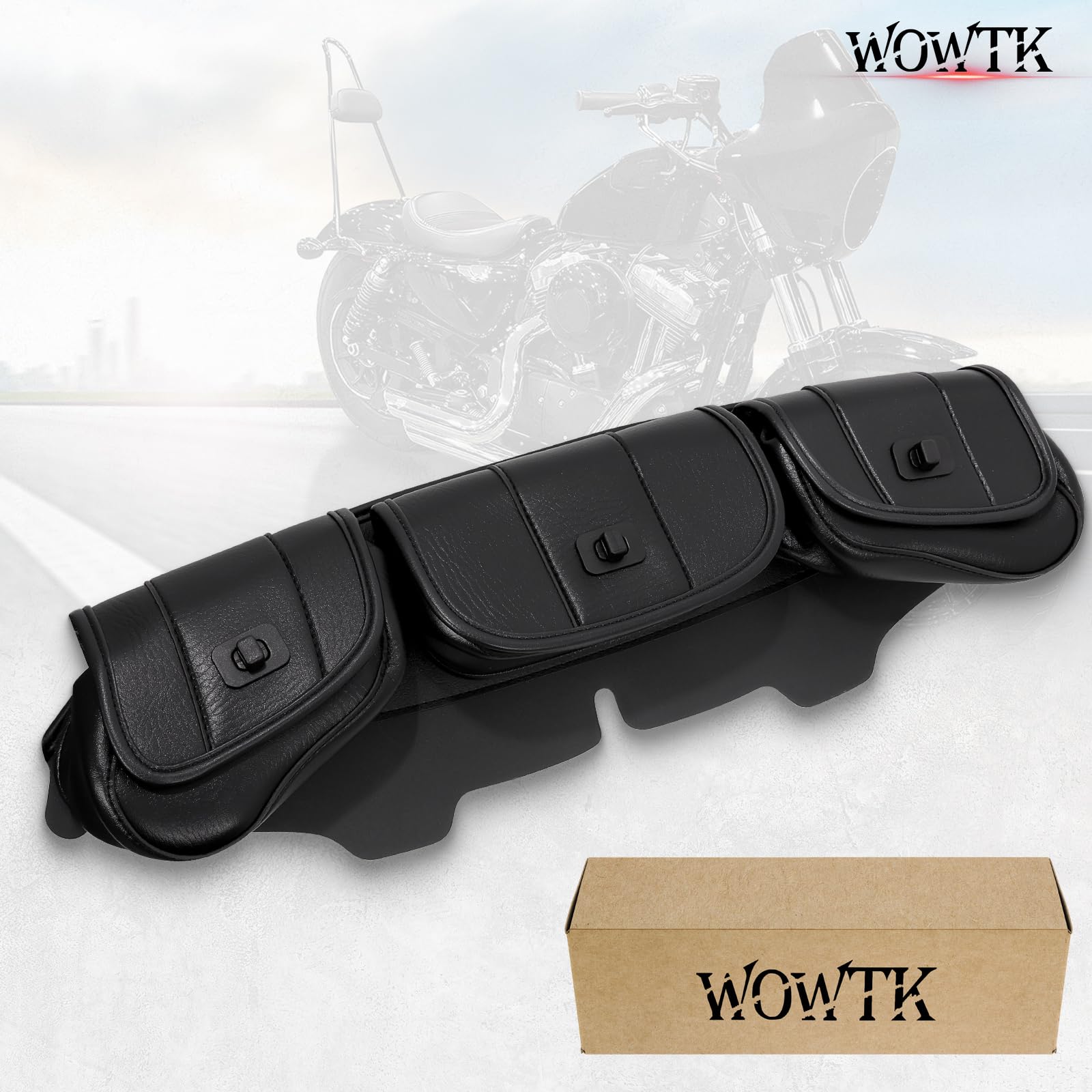WOWTK lifestyle shot on a parked Touring bike showing convenience on the road