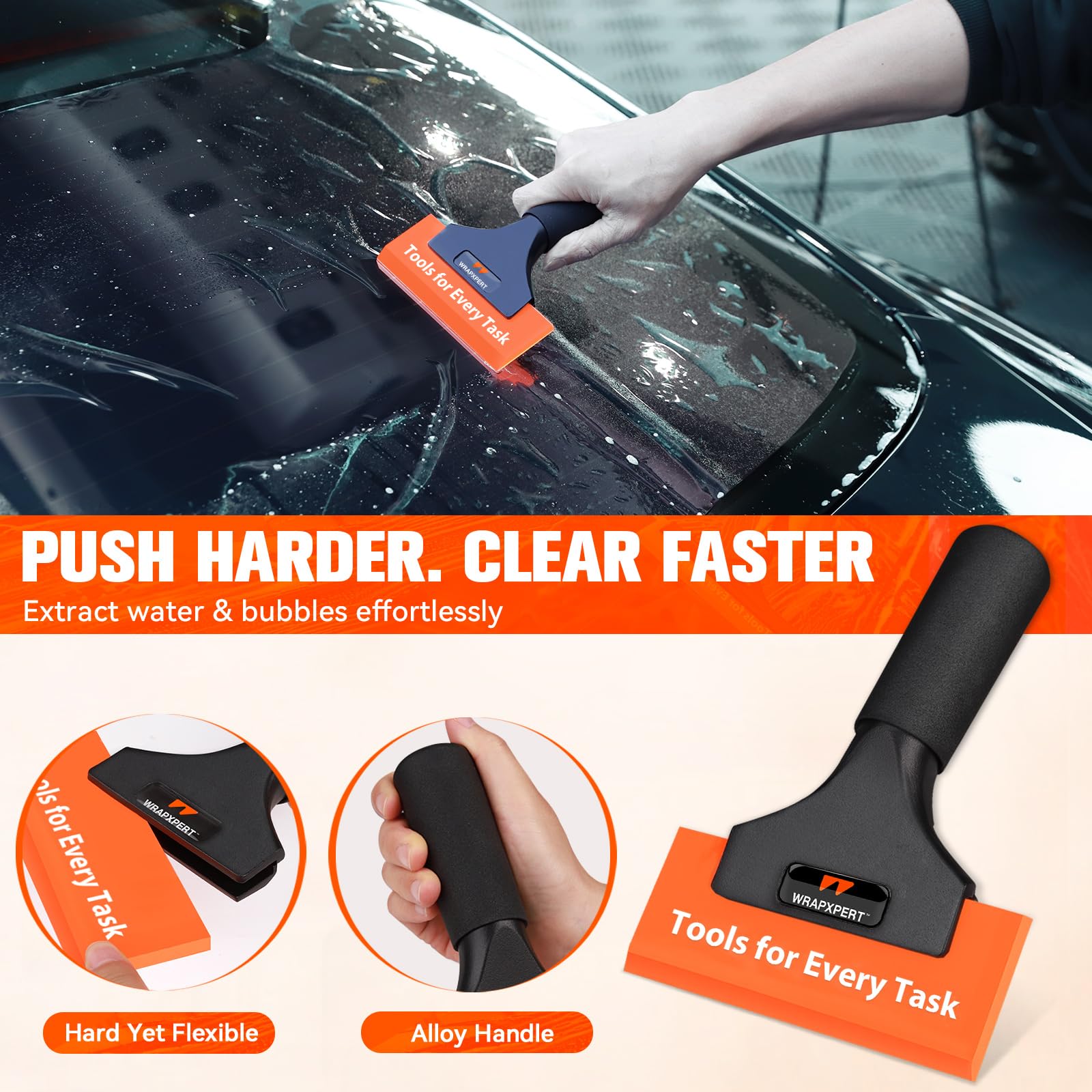 WRAPXPERT tools in use on a car windshield speeding installation and reducing bubbles