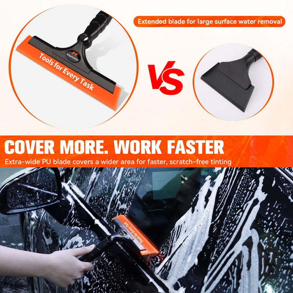 WRAPXPERT medium-hard PU blade attached to aluminum handle applying firm pressure to remove bubbles