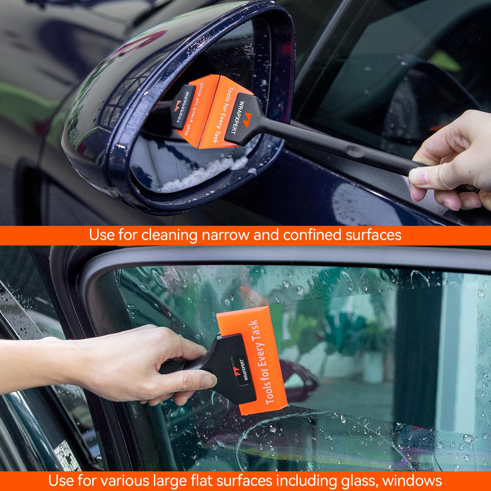 WRAPXPERT mini long-handle squeegee in use reaching corner for precise film application