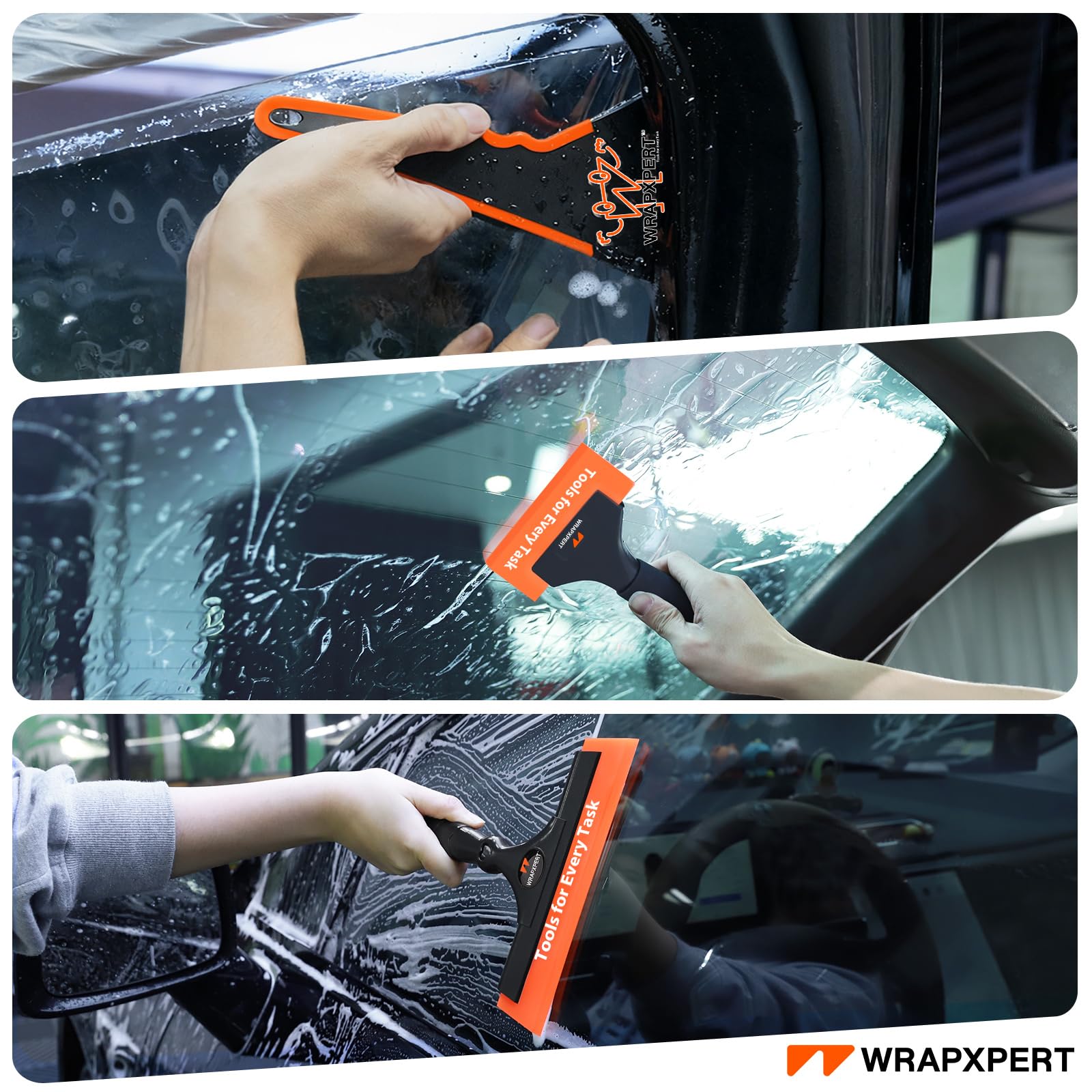 WRAPXPERT soft PU wide blade close-up demonstrating smooth water spreading without scratches