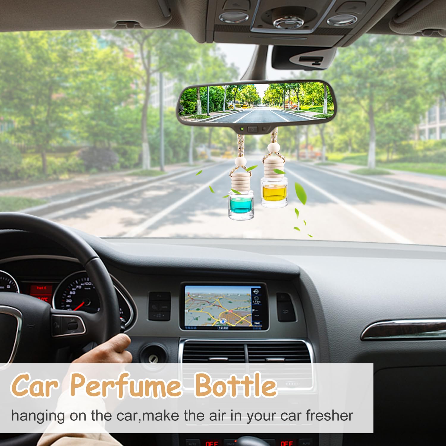 Wresty hanging diffuser in car showing subtle scent diffusion and neat interior look