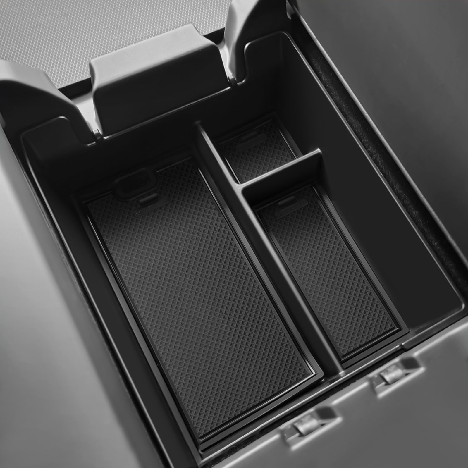 Wuchurth center console tray front view showing custom fit for Rivian R1S/R1T and tidy storage