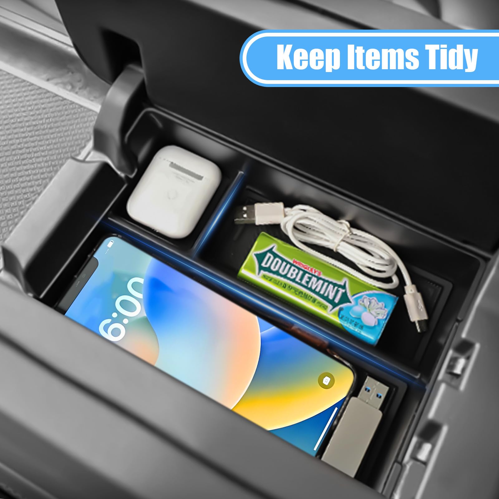 Wuchurth tray in use holding keys and phones to prevent sliding while driving