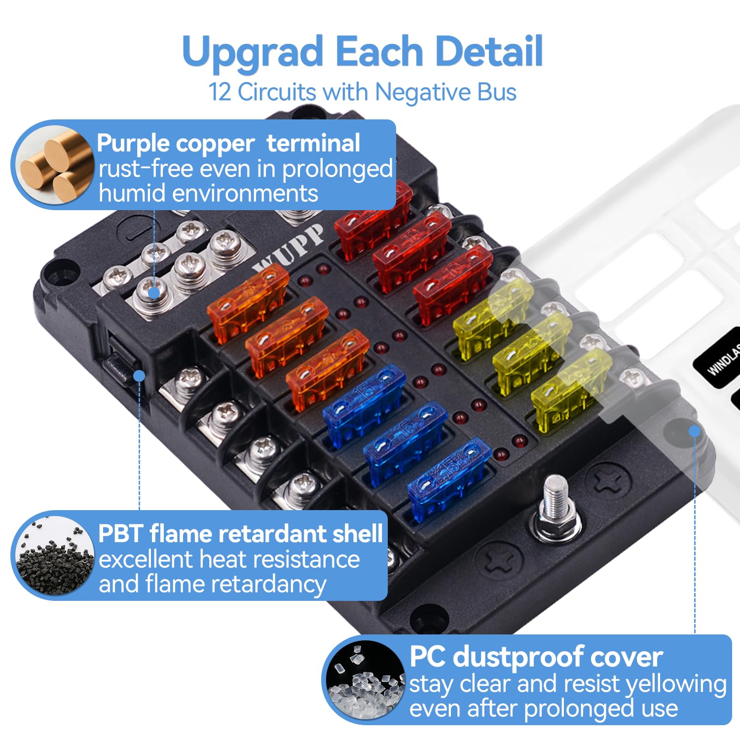 WUPP close-up of LEDs and fuse holders showing easy identification of blown fuses