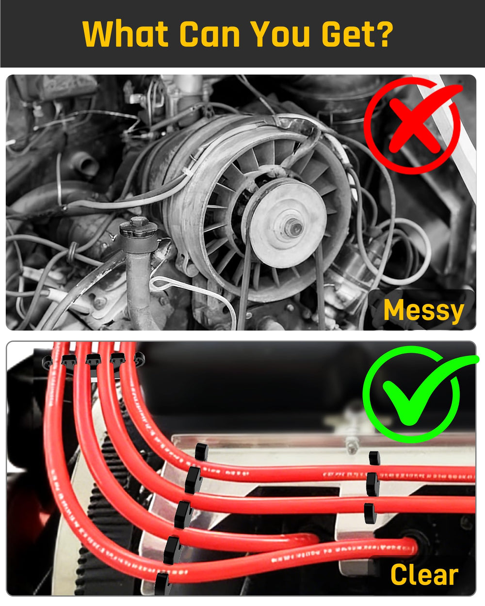 Wyckoff spark plug wires routed through separators on V8 engine showing reduced cross-firing risk