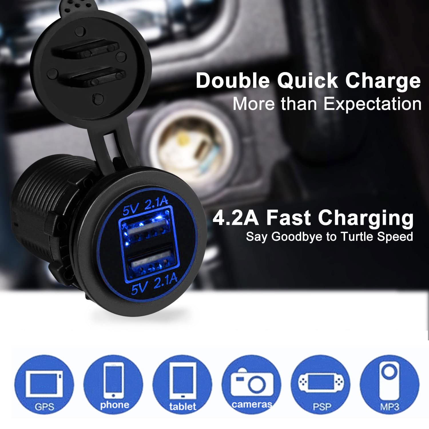 WYMECT dual USB ports close-up, quick simultaneous charging benefit