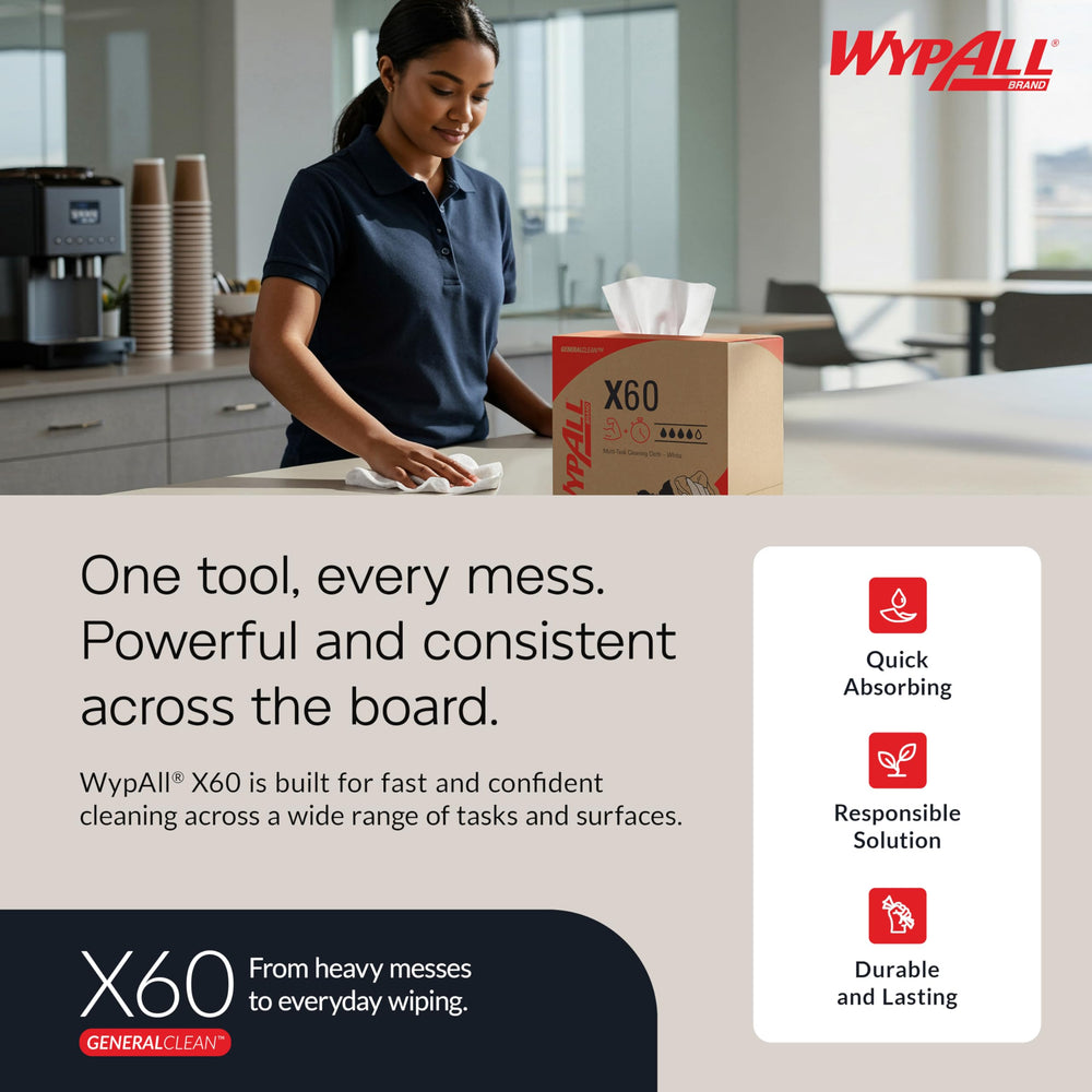 Wypall X60 next to hand for scale, brand size and long-lasting sheet count