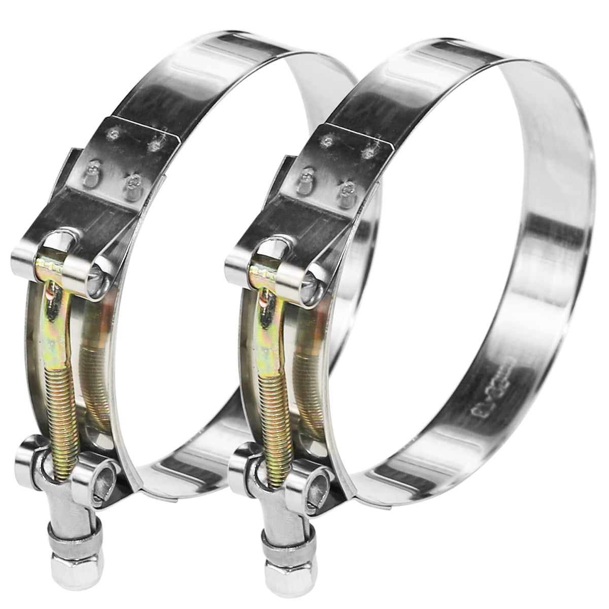 WYSIWYKA front view of two 4-inch T-bolt clamps showing packaging and contents for reliable sealing