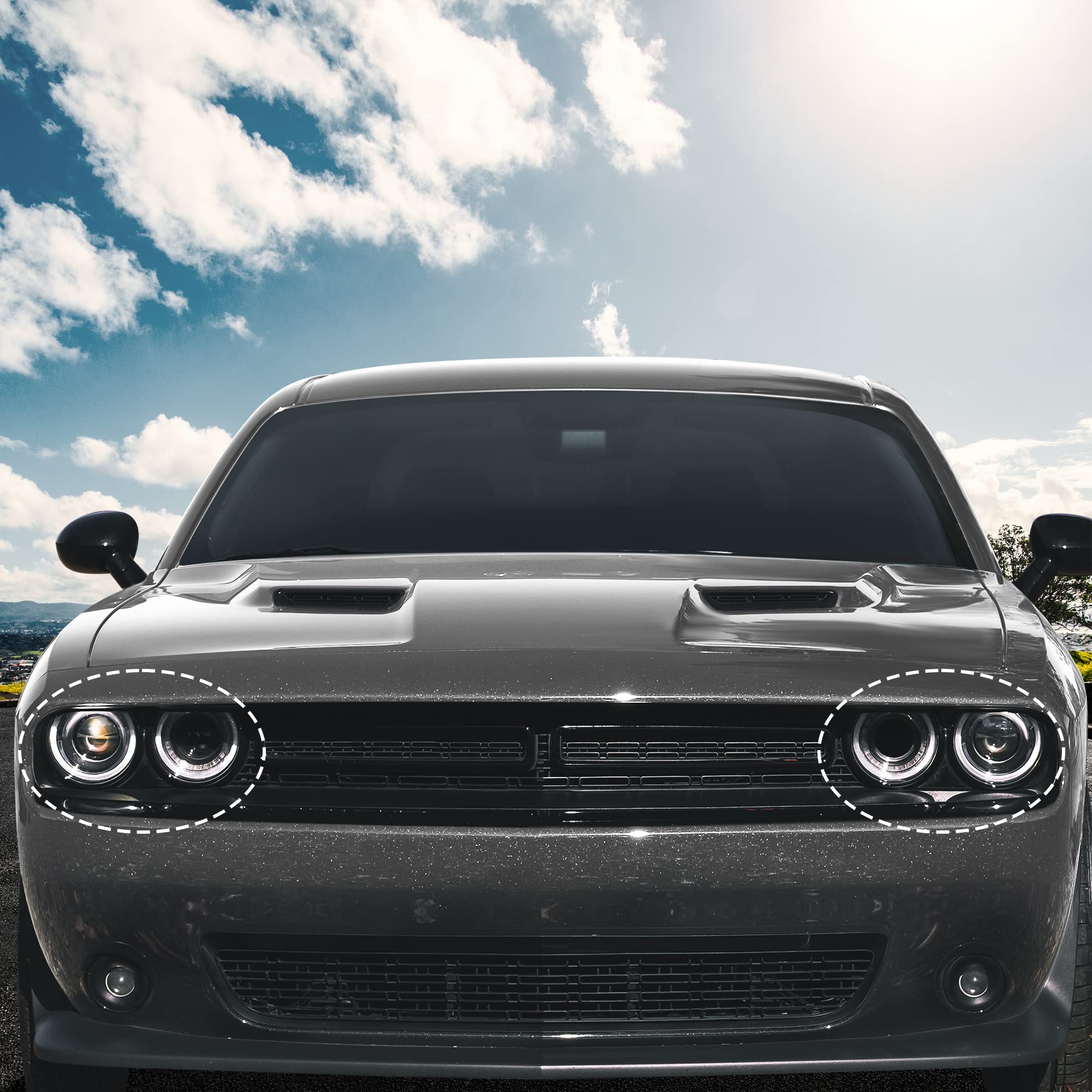 X AUTOHAUX bezel installed on Dodge Challenger demonstrating improved headlight appearance