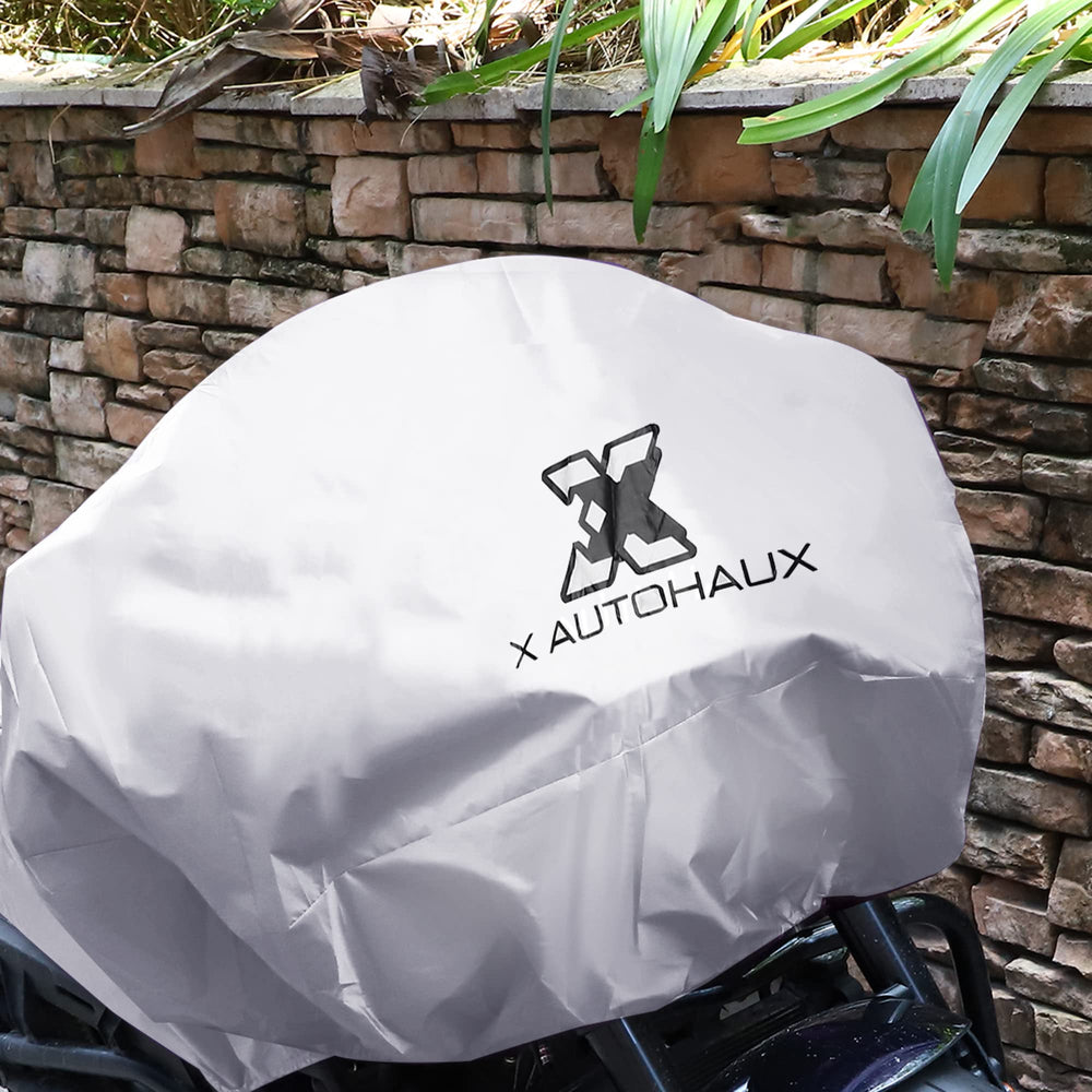X AUTOHAUX half cover in use on parked touring bike offering weather shield