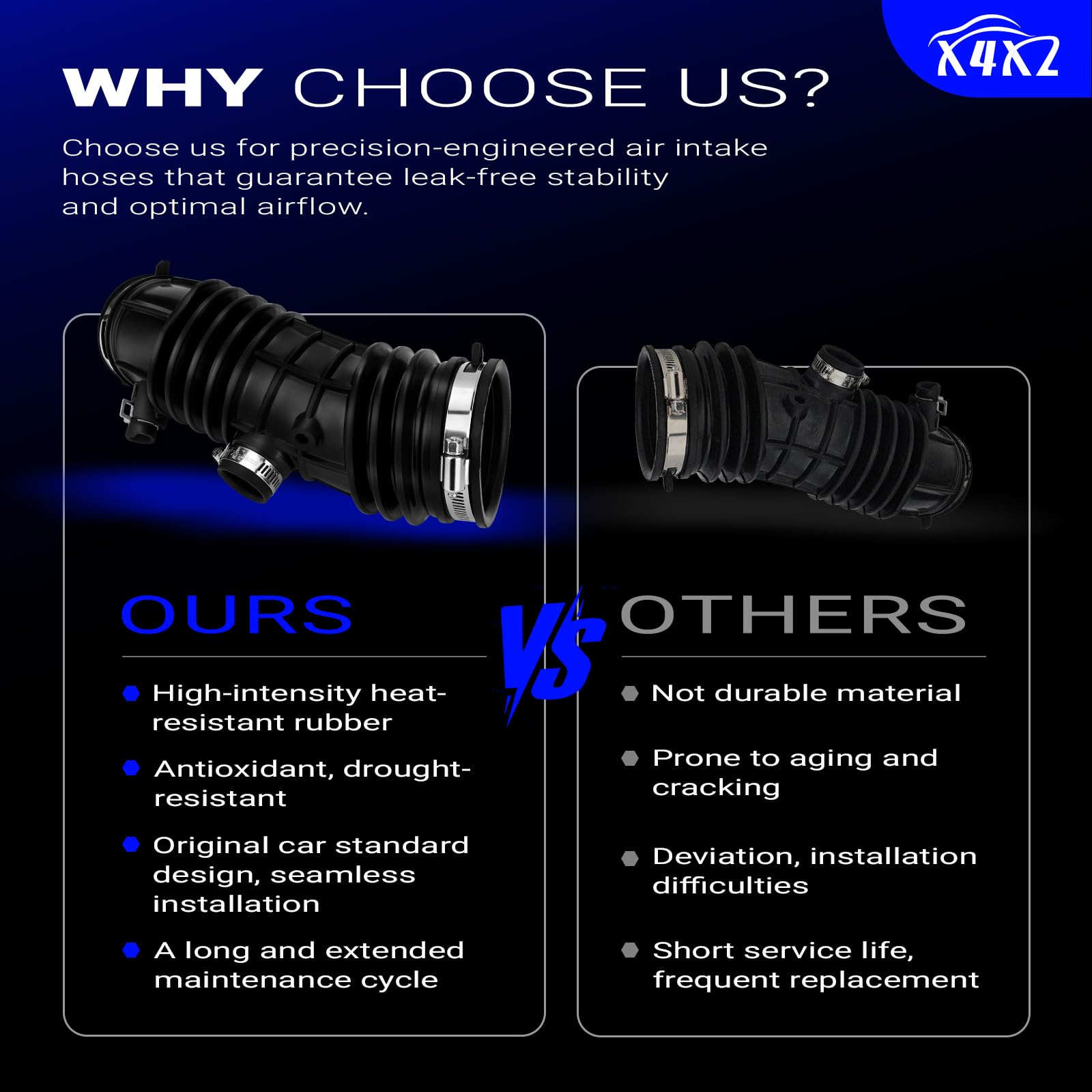 X4XZ intake hose material texture showing fiber-reinforced rubber durability