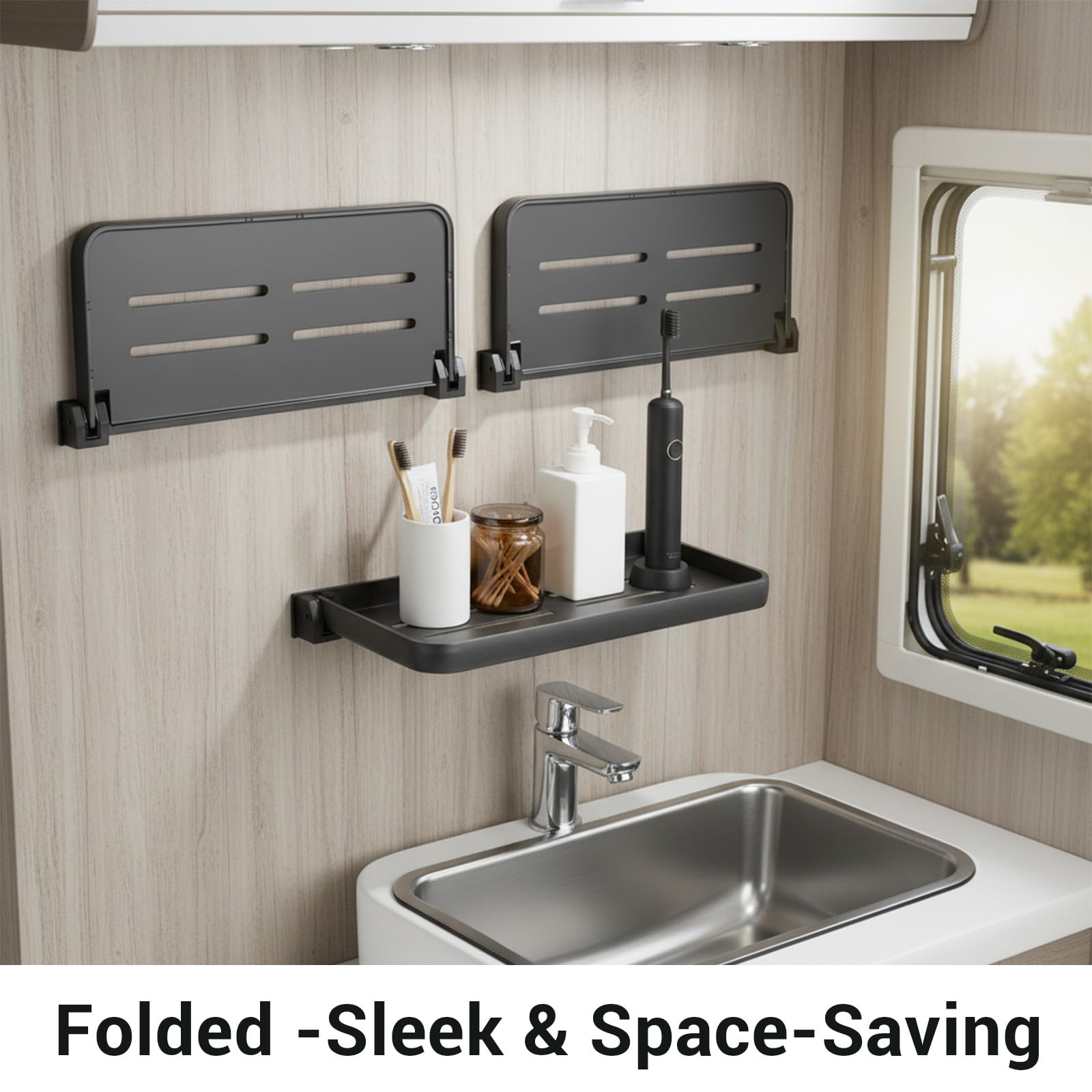 Xaajooio shelf mounted inside an RV demonstrating secure storage while traveling