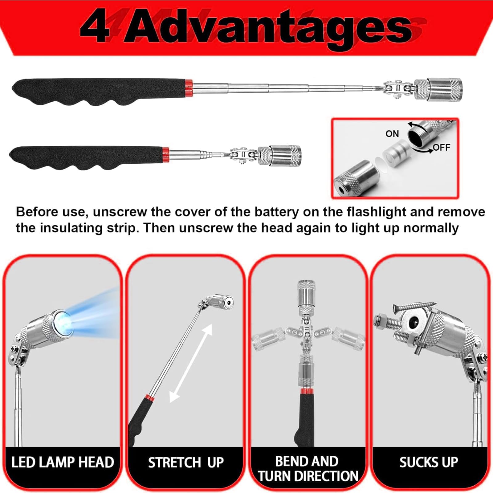 XBVV telescoping magnetic pickup fully extended to reach deep engine bay areas faster