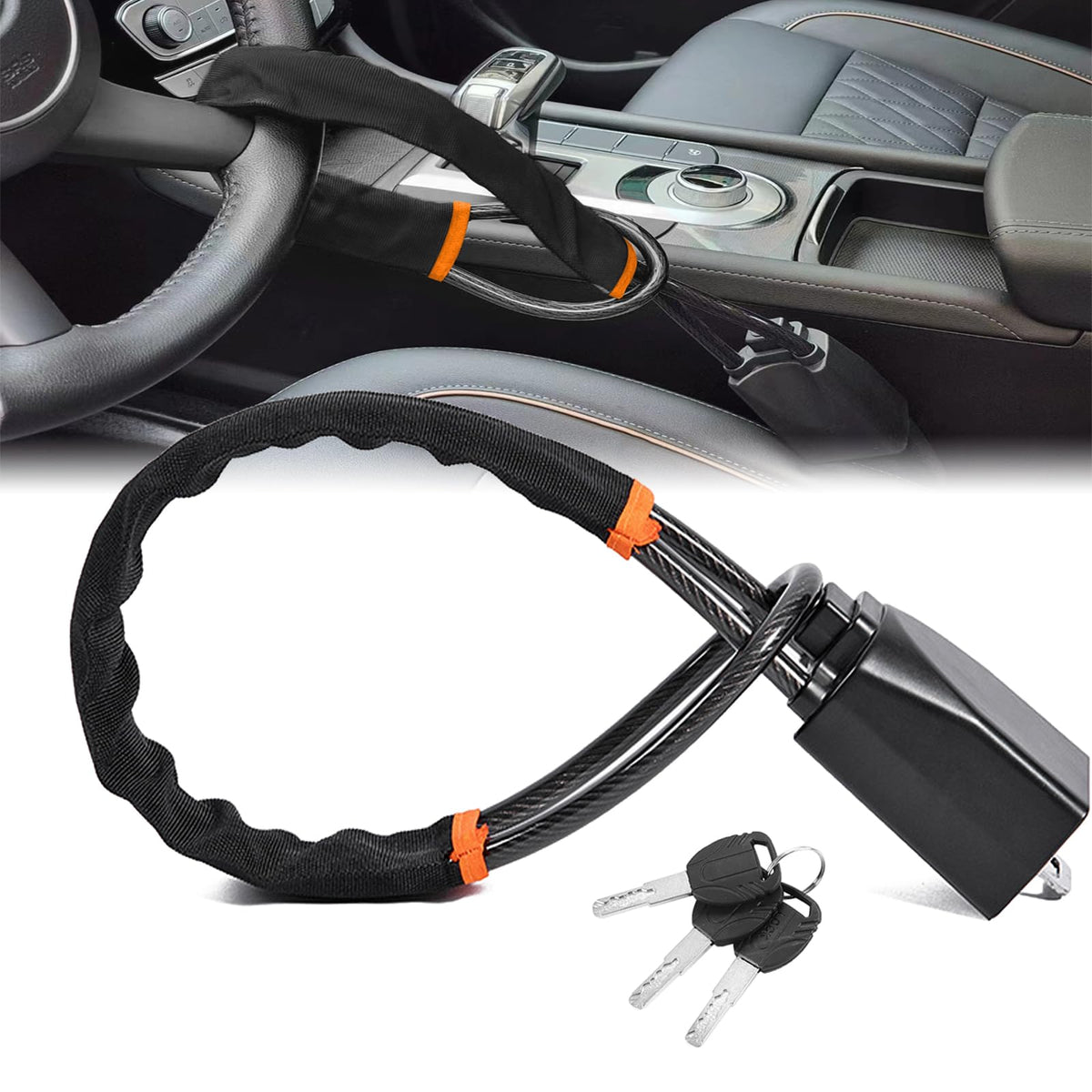 XGWZ DualGuard front view on steering wheel showing visible theft deterrent