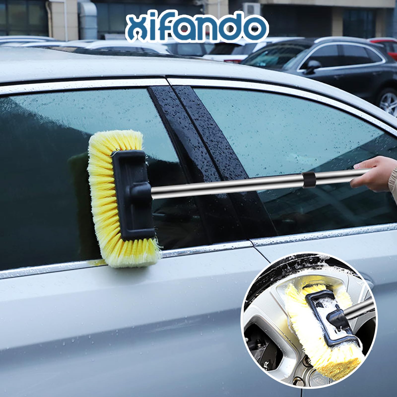 Xifando brush in use on a car rooftop for safer elevated washing