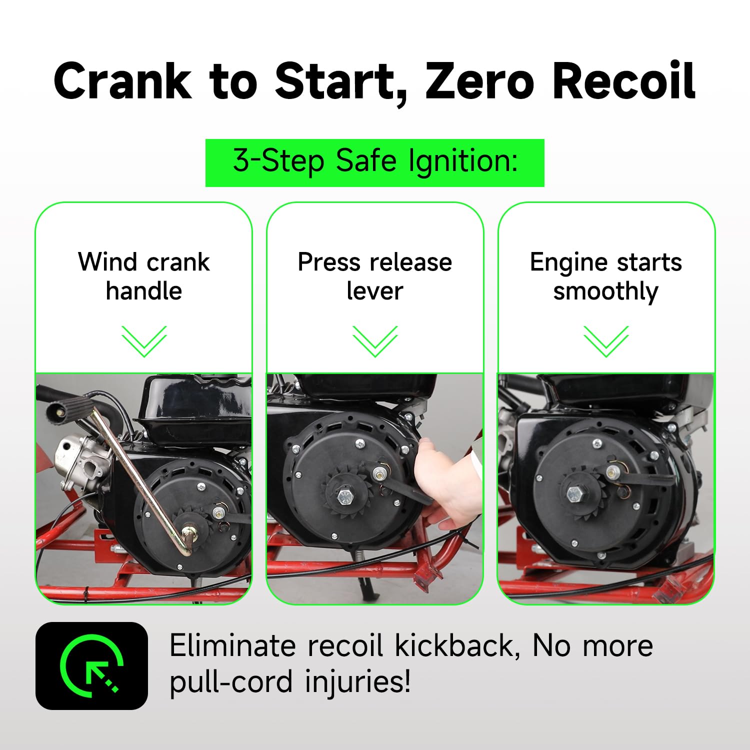 XIKOBY crank handle close-up showing ergonomic grip for easier starts