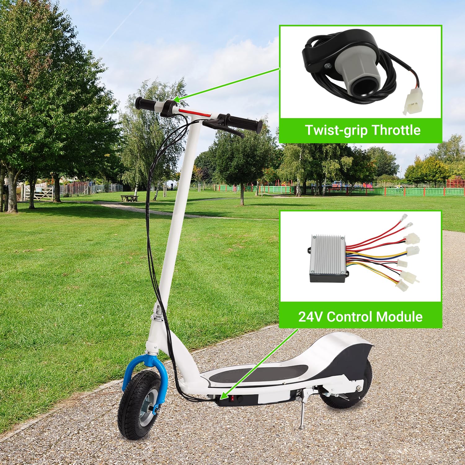 XIKOBY controller next to scooter wheel for scale showing compact replacement size