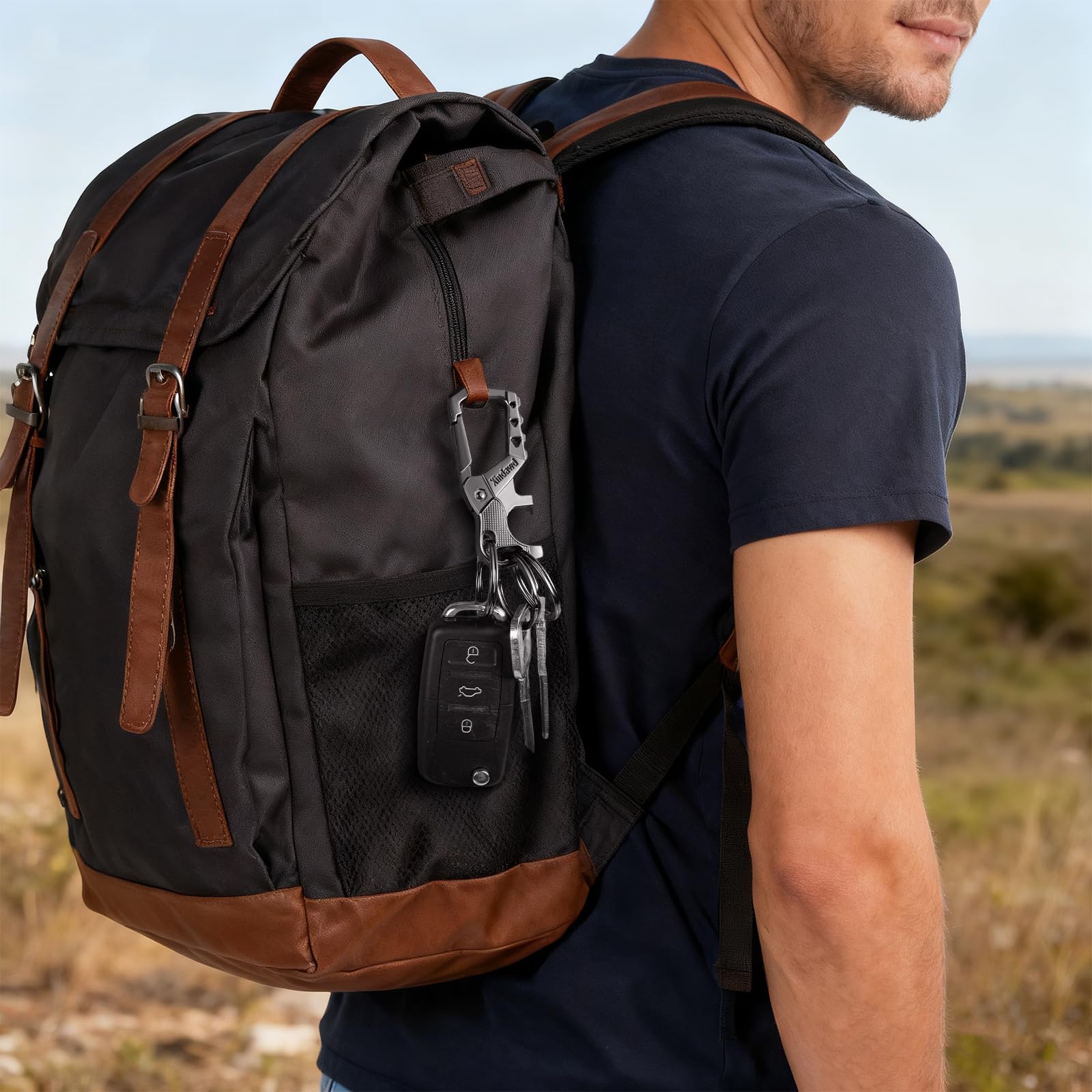 Xindawd clipped to backpack demonstrating secure attachment and hands-free carry